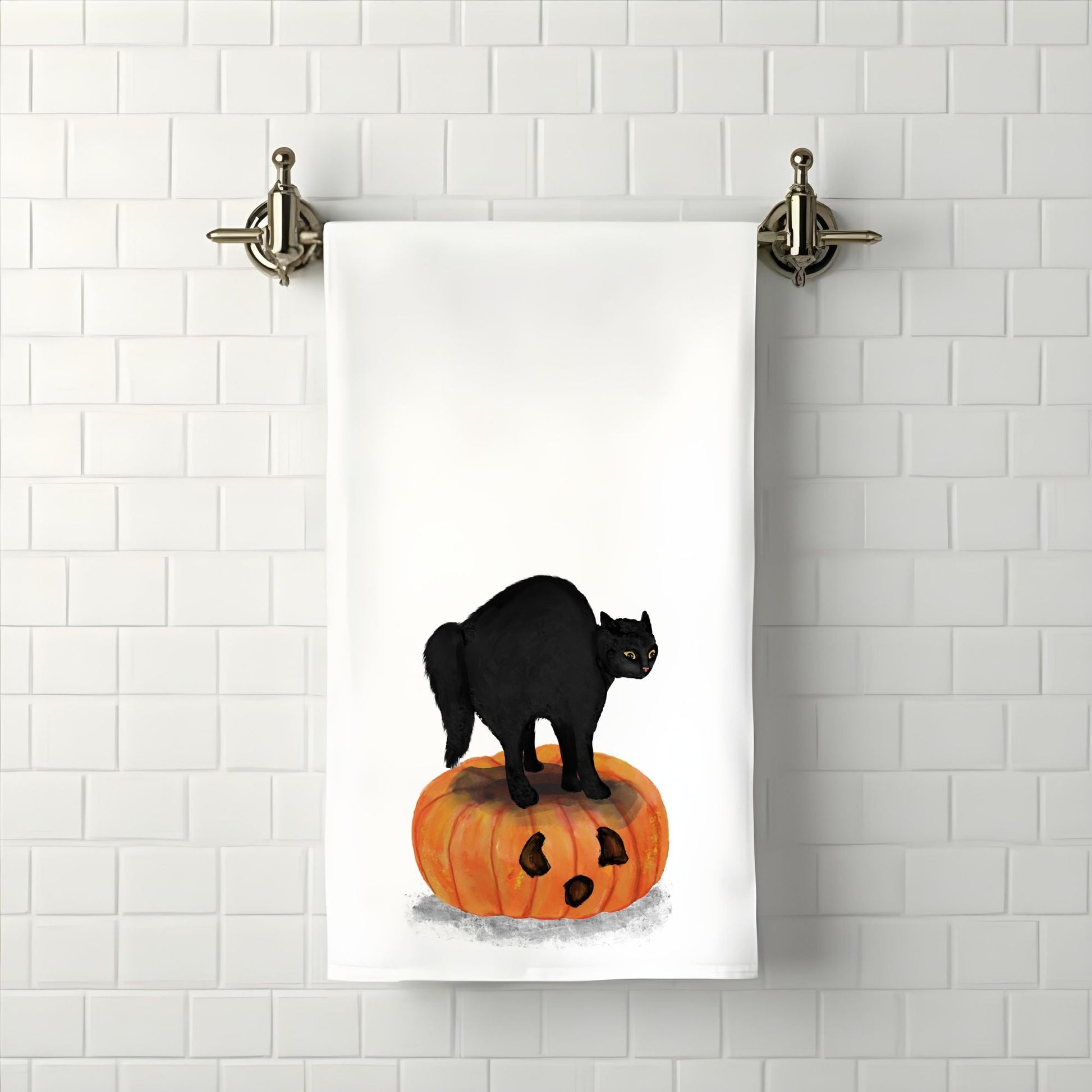 Halloween Black Cat on Pumpkin Bathroom Towel - MerikaArt