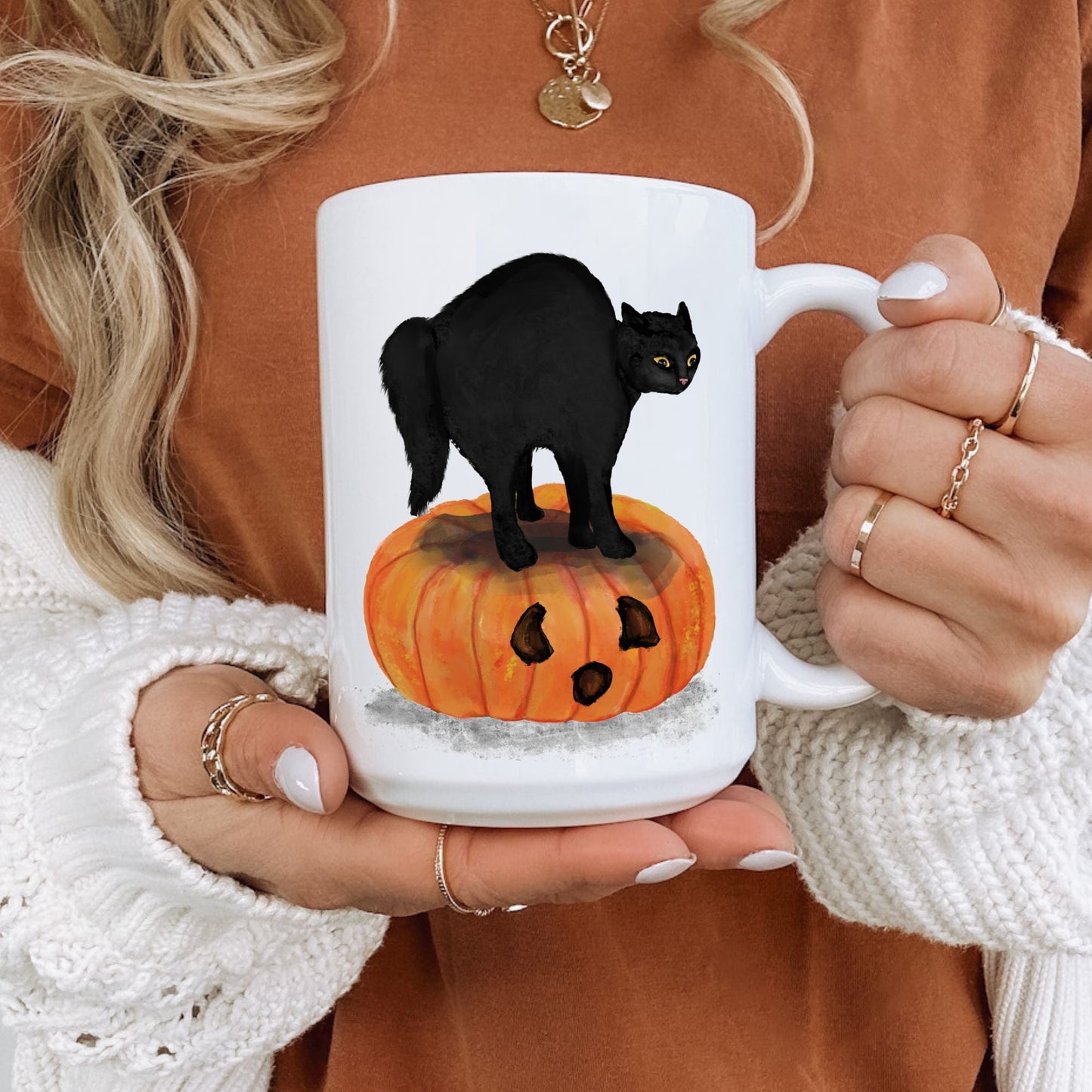 Halloween Black Cat on Pumpkin Mug - MerikaArt