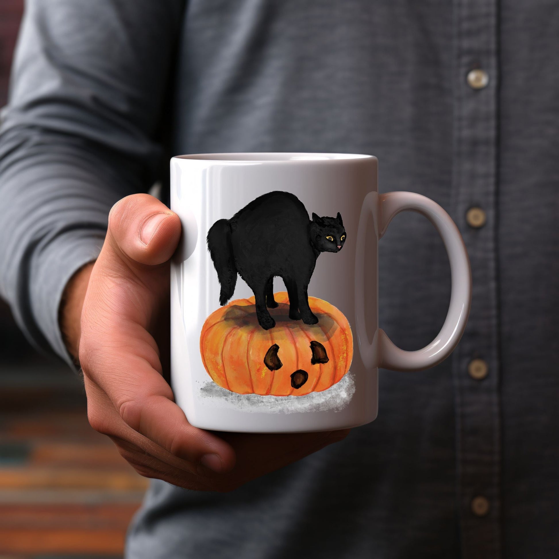 Halloween Black Cat on Pumpkin Mug - MerikaArt