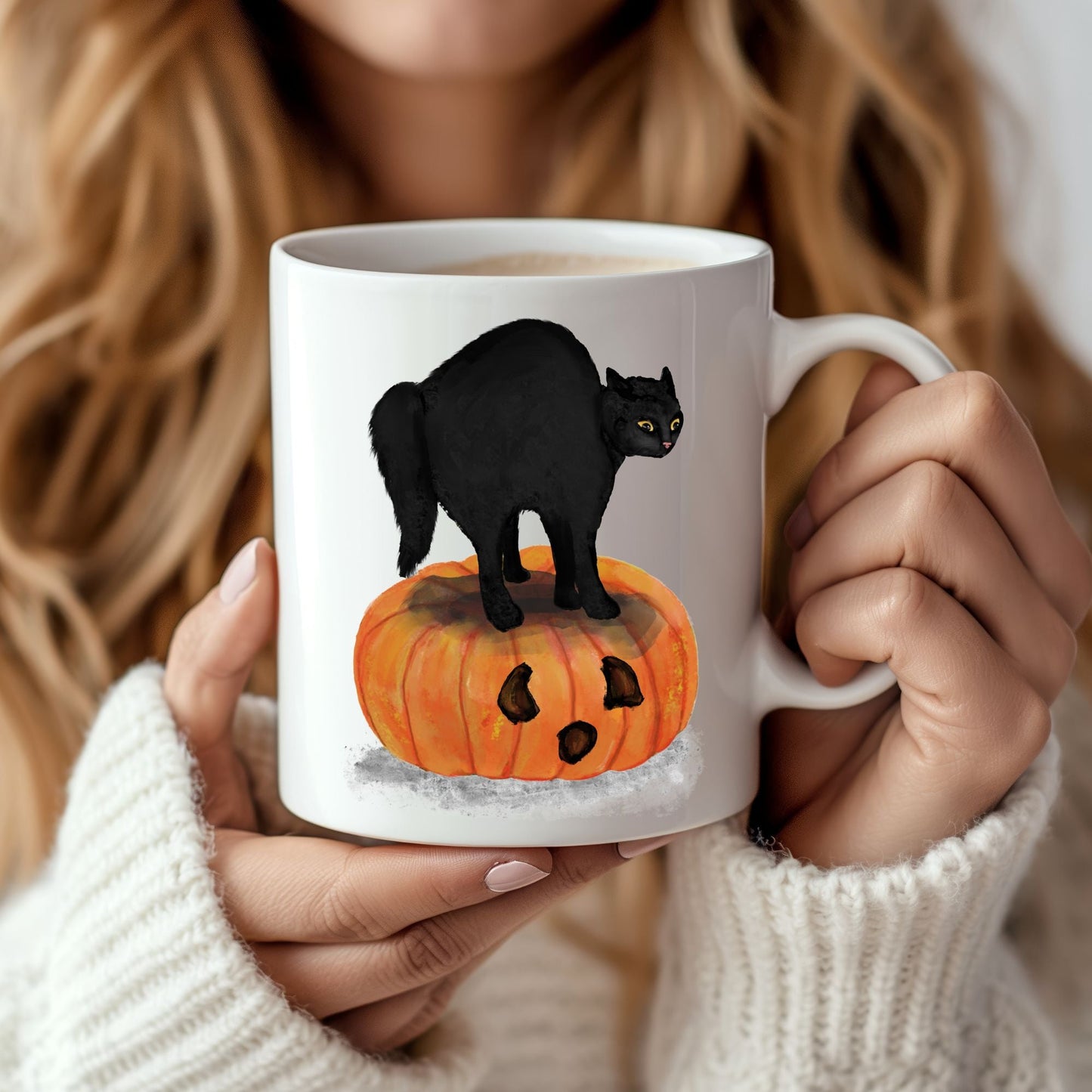 Halloween Black Cat on Pumpkin Mug - MerikaArt