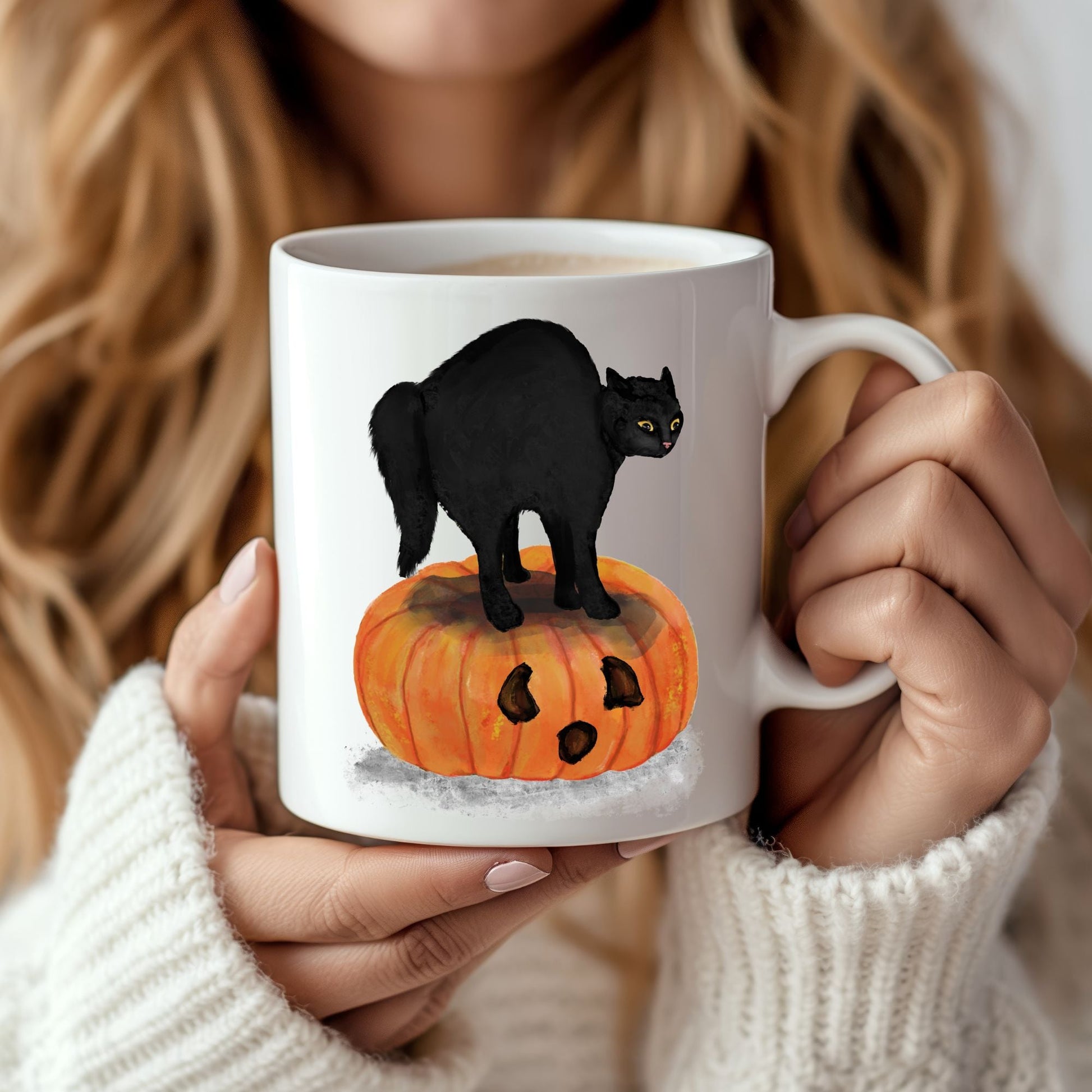 Halloween Black Cat on Pumpkin Mug - MerikaArt