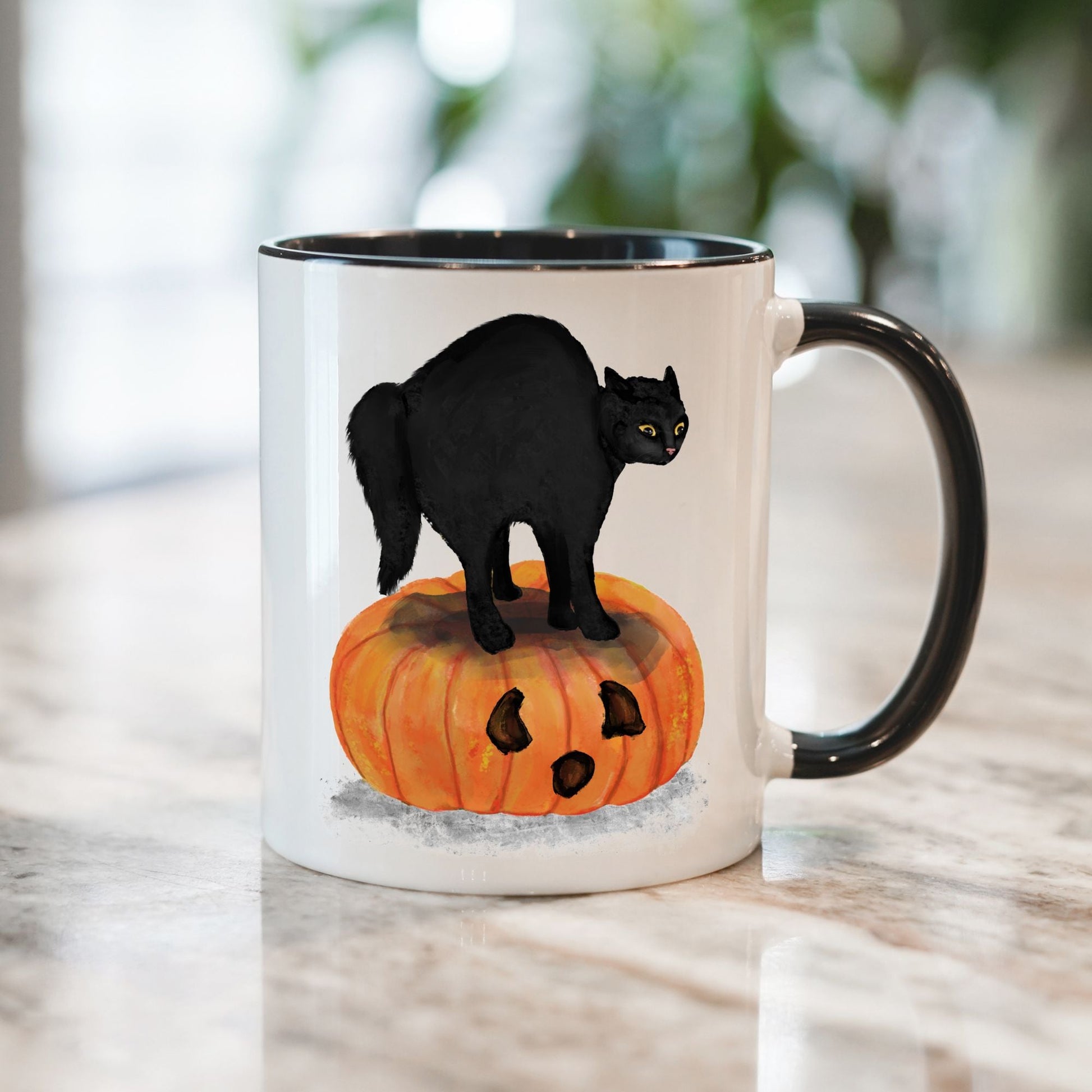 Halloween Black Cat on Pumpkin Mug - MerikaArt