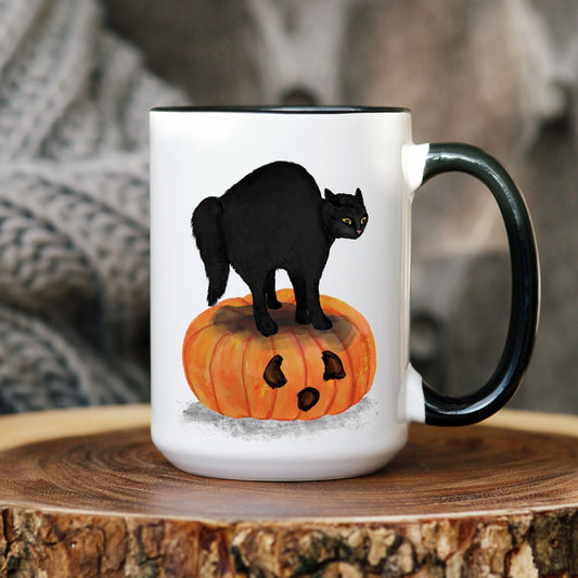 Halloween Black Cat on Pumpkin Mug - MerikaArt