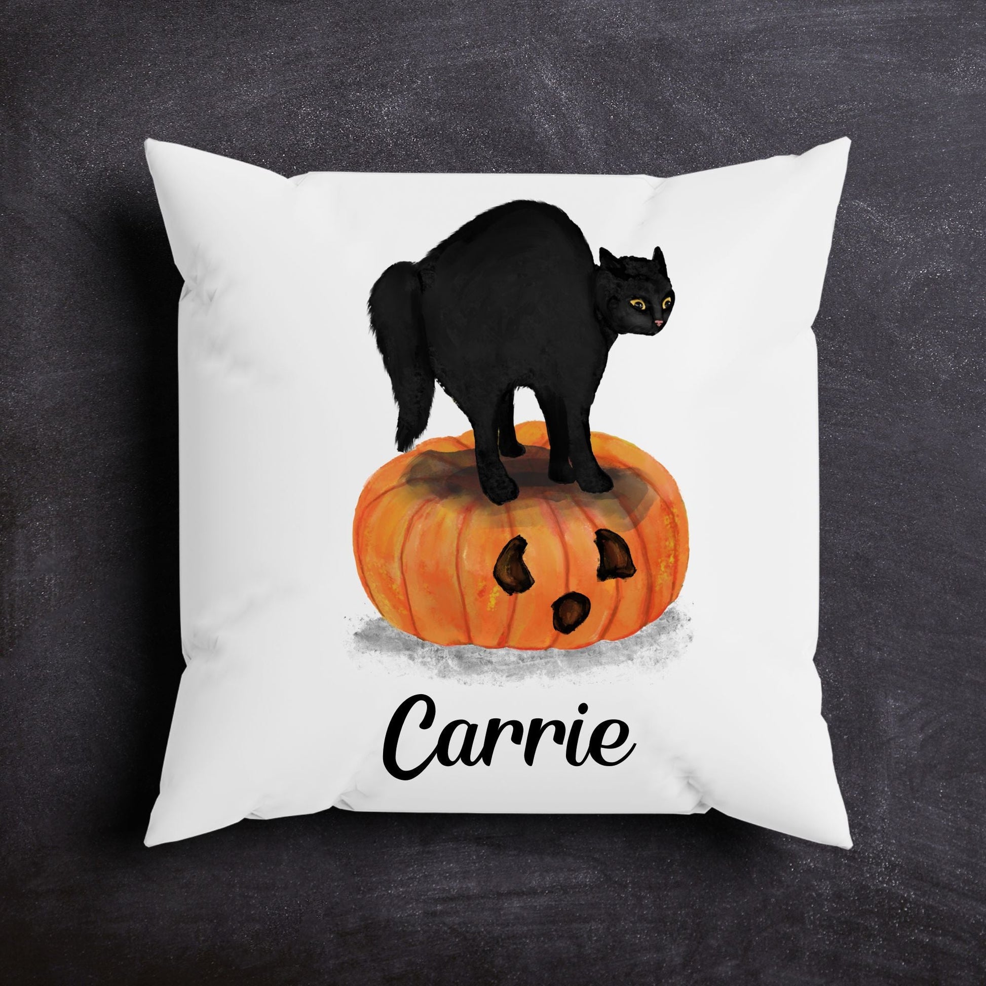 Halloween Black Cat on Pumpkin Pillow - MerikaArt