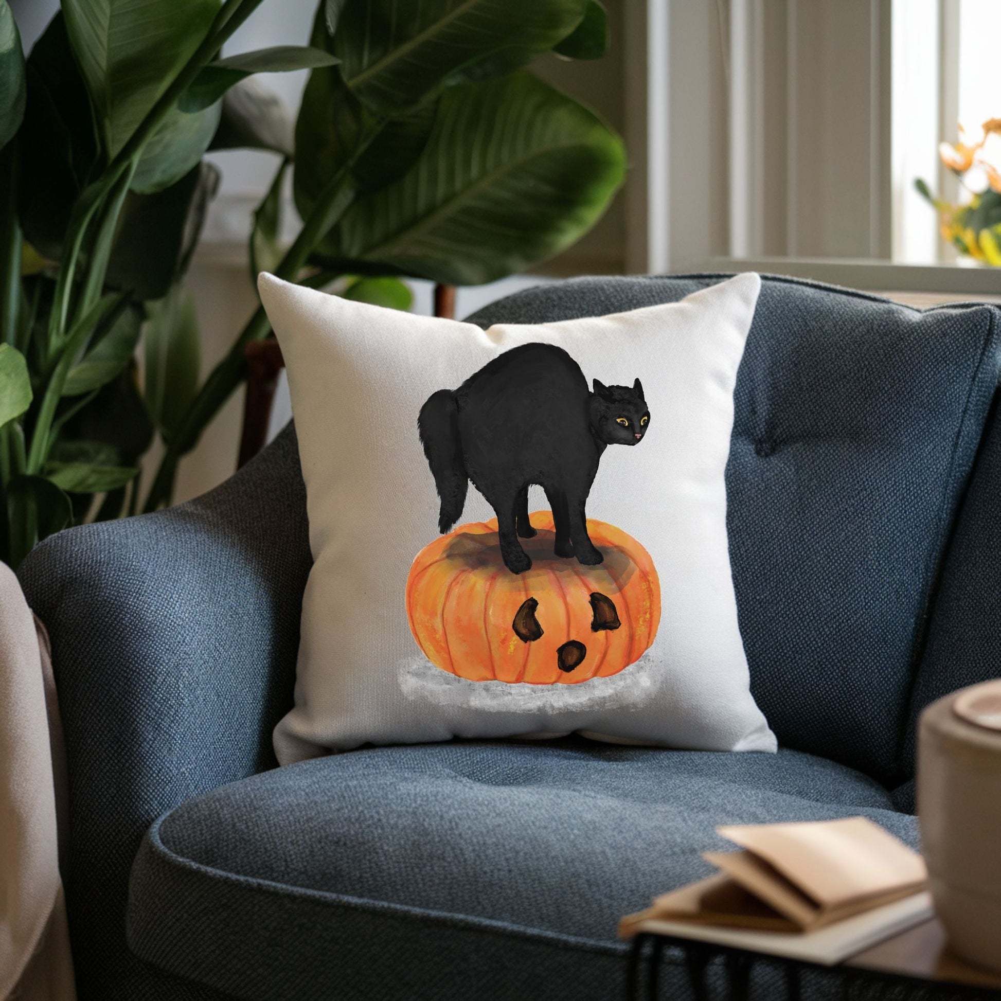 Halloween Black Cat on Pumpkin Pillow - MerikaArt