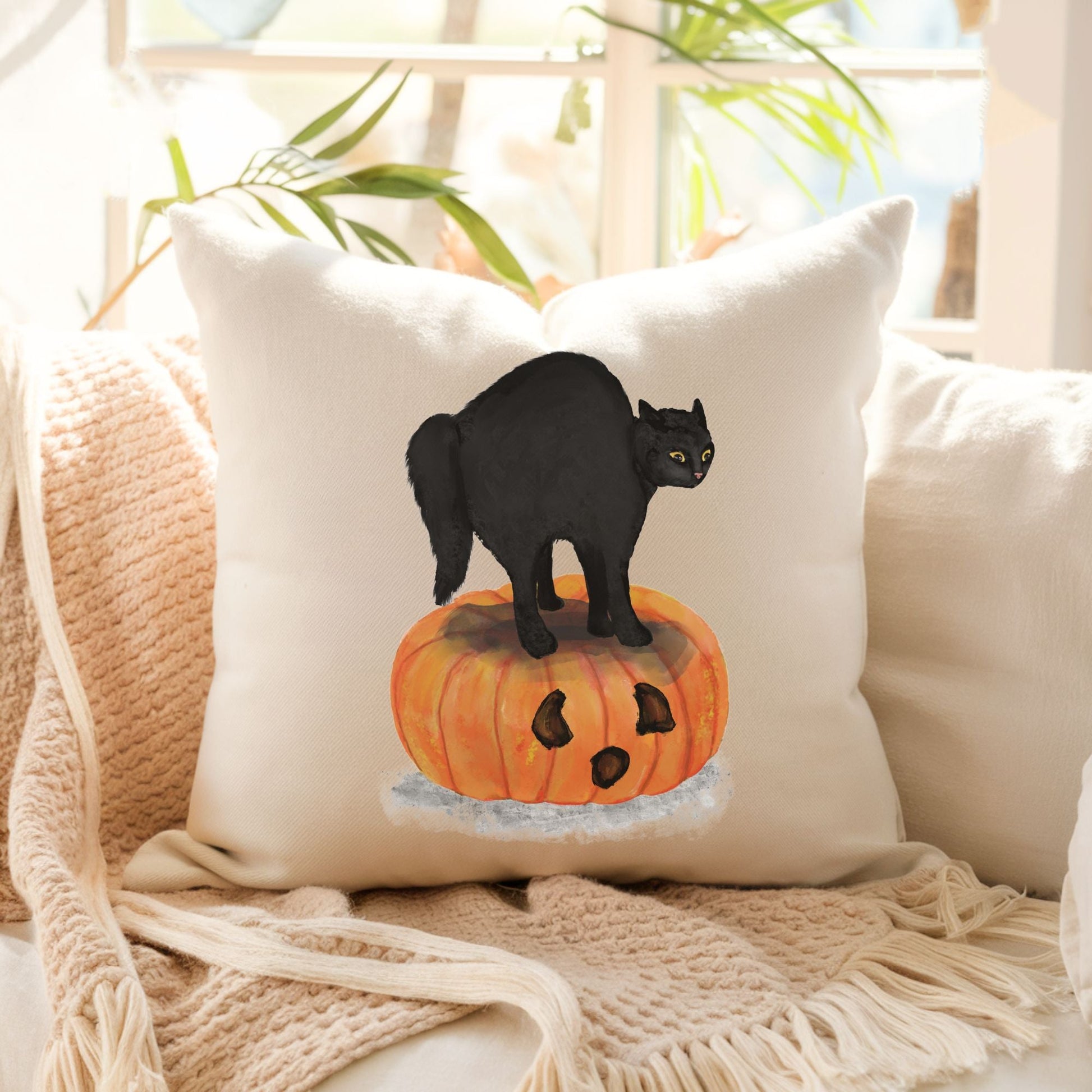 Halloween Black Cat on Pumpkin Pillow - MerikaArt