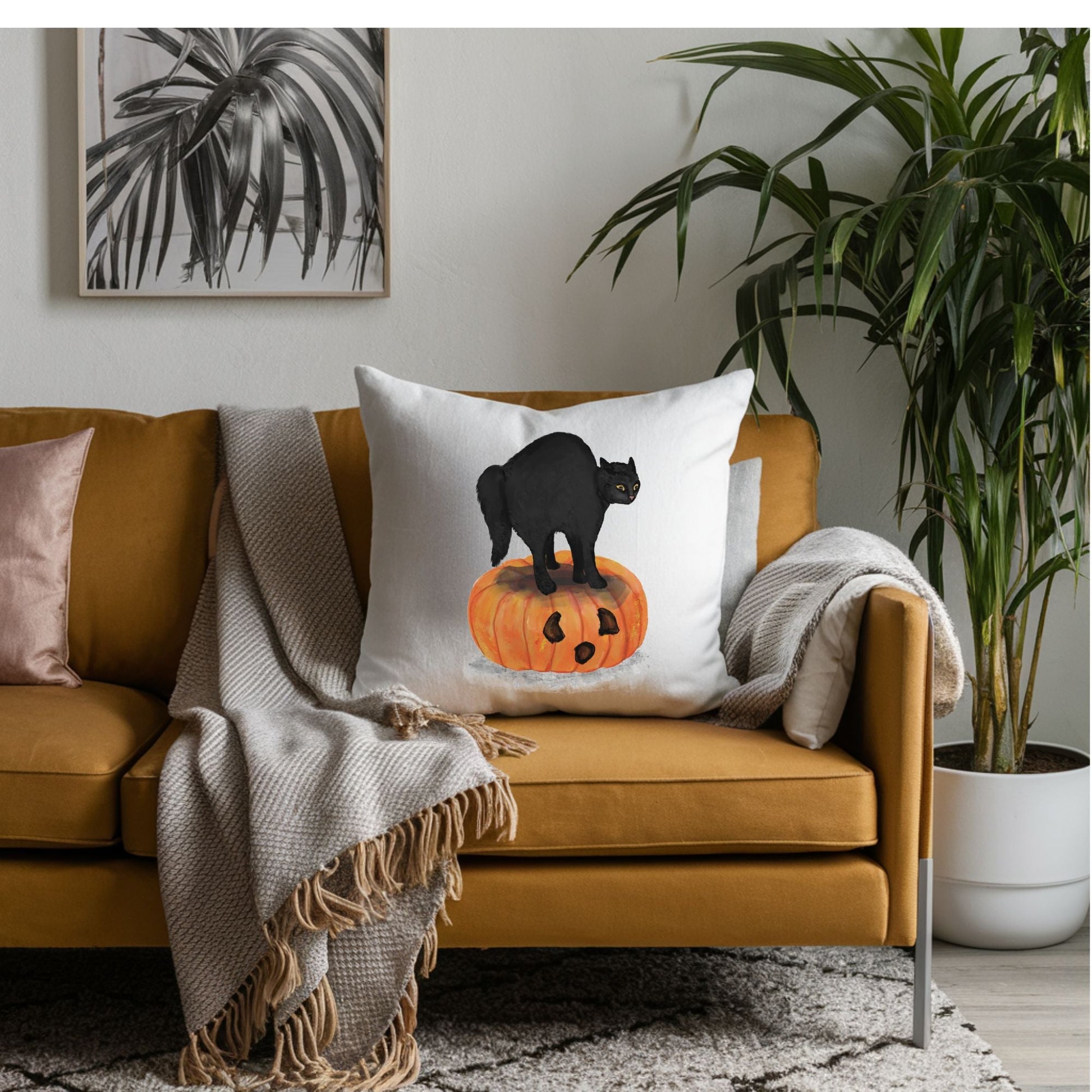 Halloween Black Cat on Pumpkin Pillow - MerikaArt