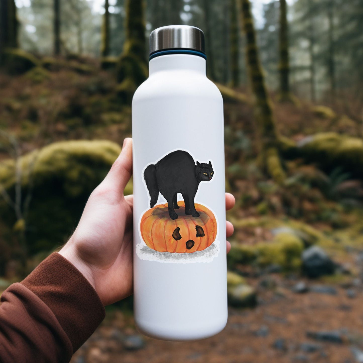 Halloween Black Cat on Pumpkin Sticker - MerikaArt