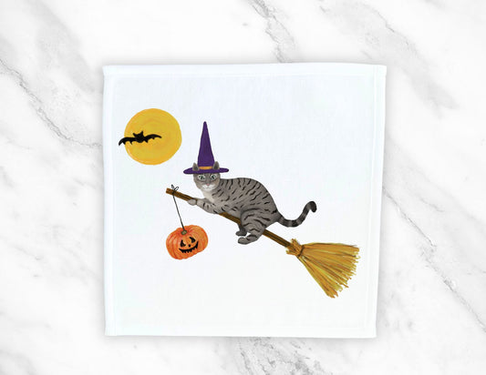 Halloween Flying Tabby Cat Washcloth - MerikaArt