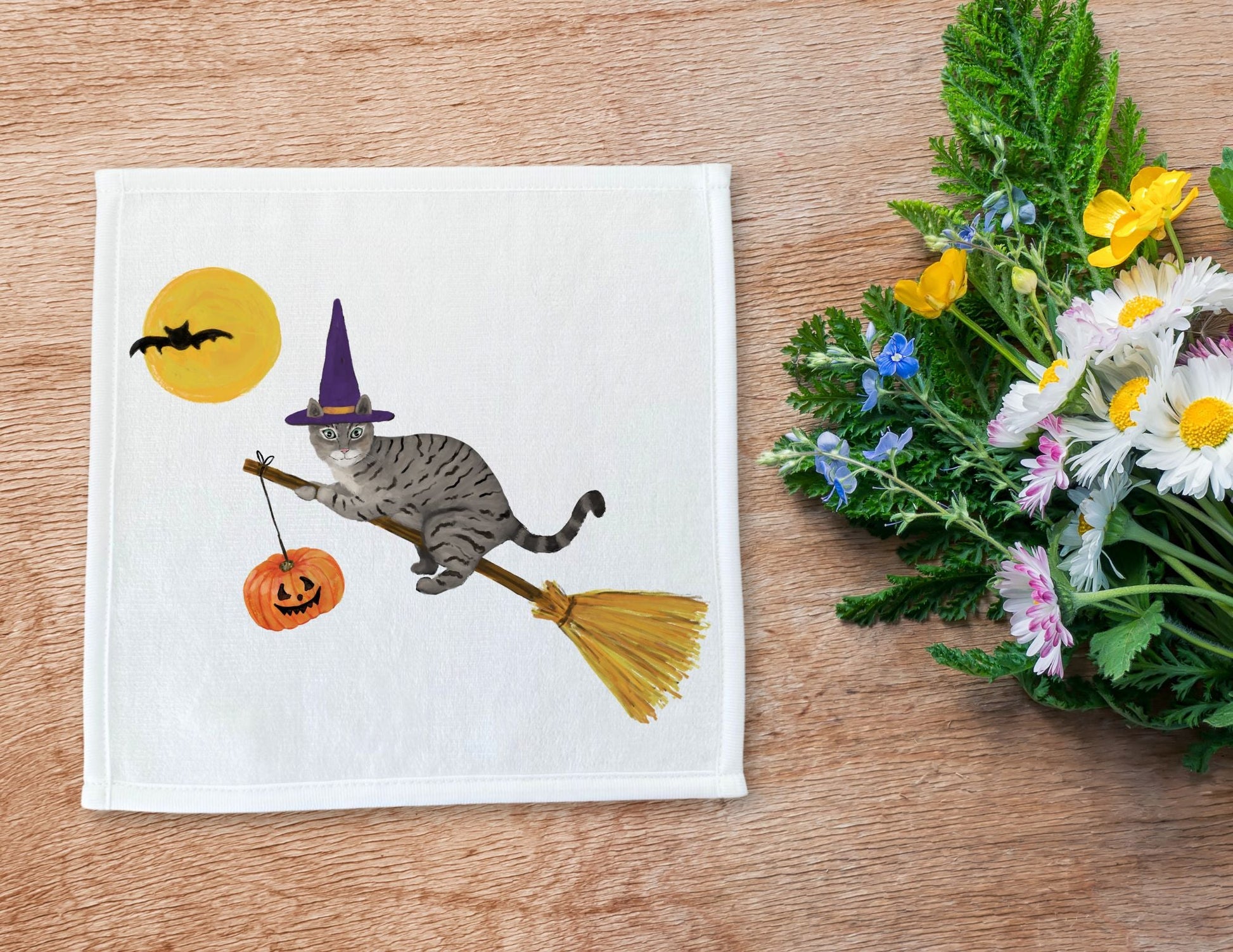 Halloween Flying Tabby Cat Washcloth - MerikaArt