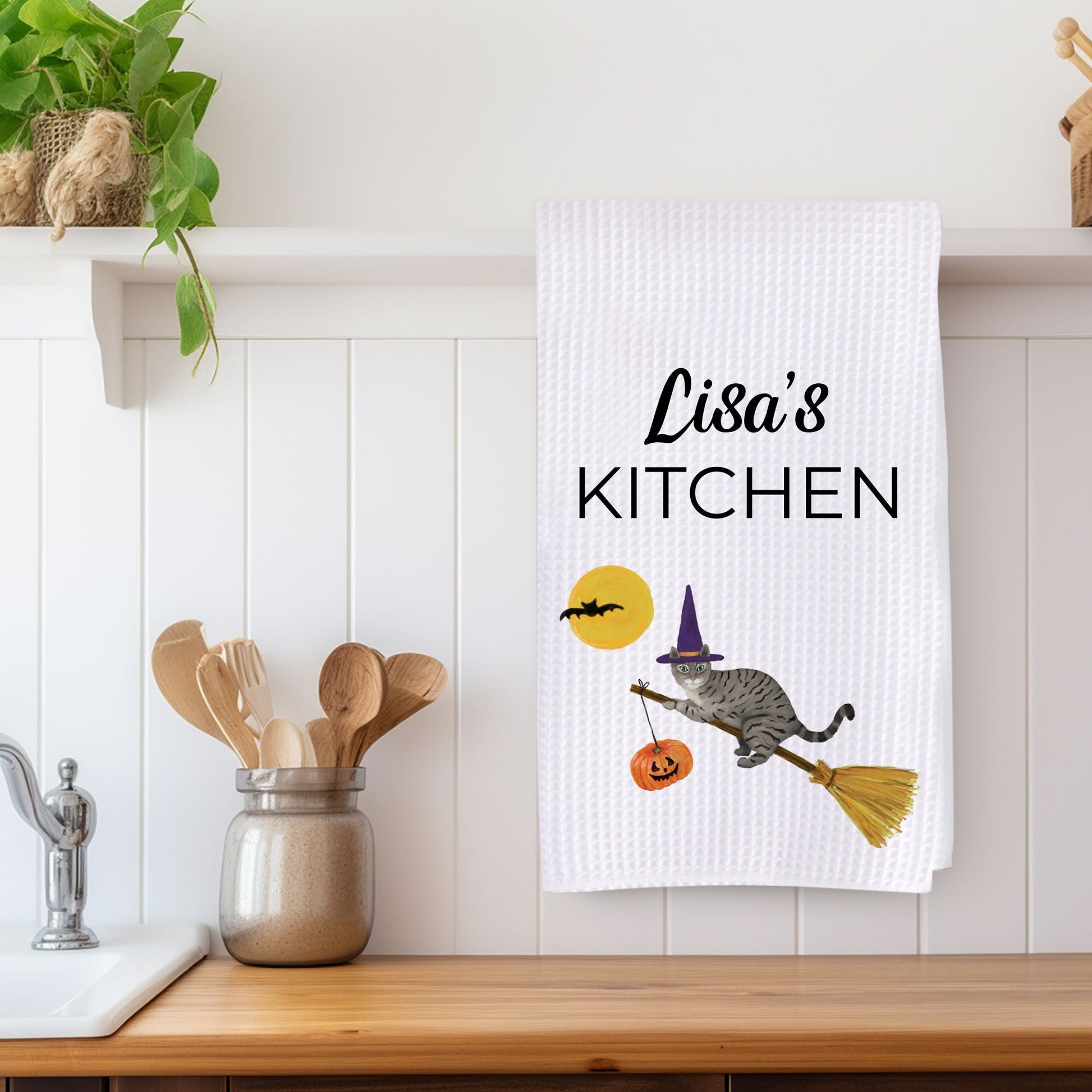 Halloween Gray Tabby Cat Kitchen Towel - MerikaArt