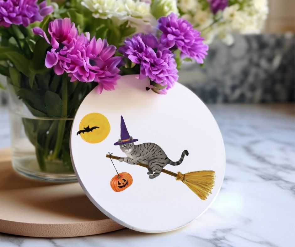 Halloween Gray Tabby Cat on Broom Ceramic Coaster - MerikaArt