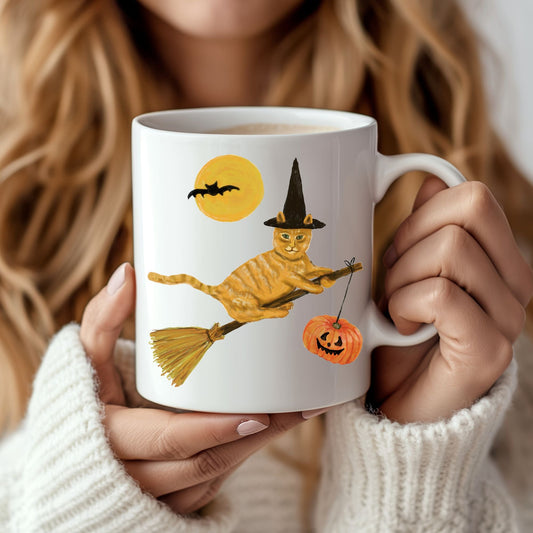Halloween Orange Tabby Witch Cat Mug - MerikaArt