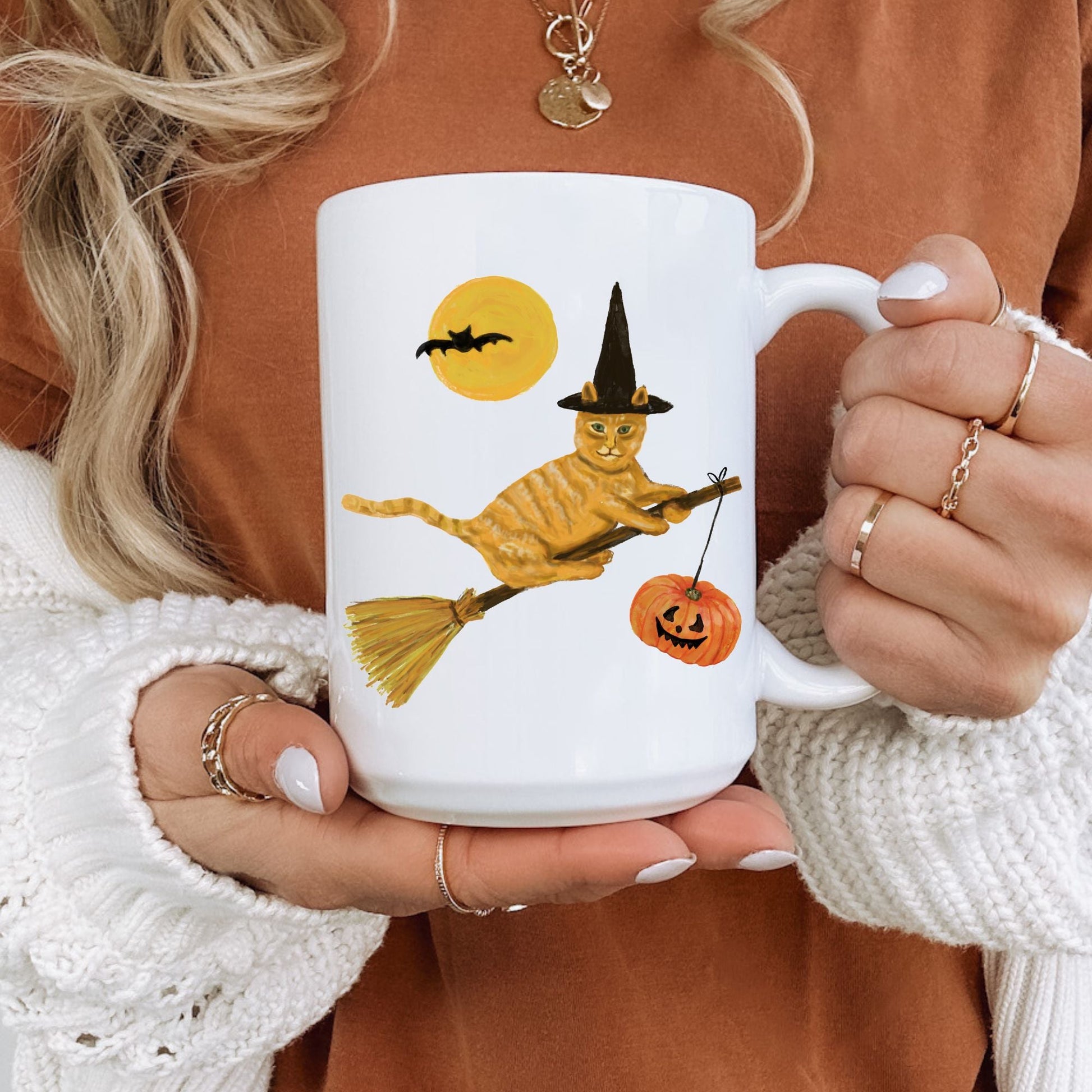 Halloween Orange Tabby Witch Cat Mug - MerikaArt
