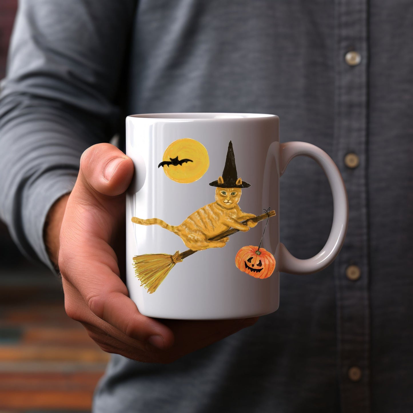 Halloween Orange Tabby Witch Cat Mug - MerikaArt