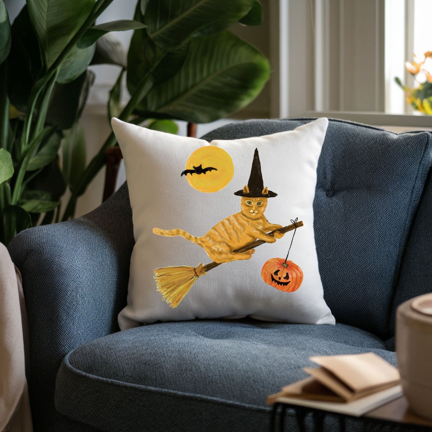 Halloween Orange Tabby Witch Cat Pillow - MerikaArt
