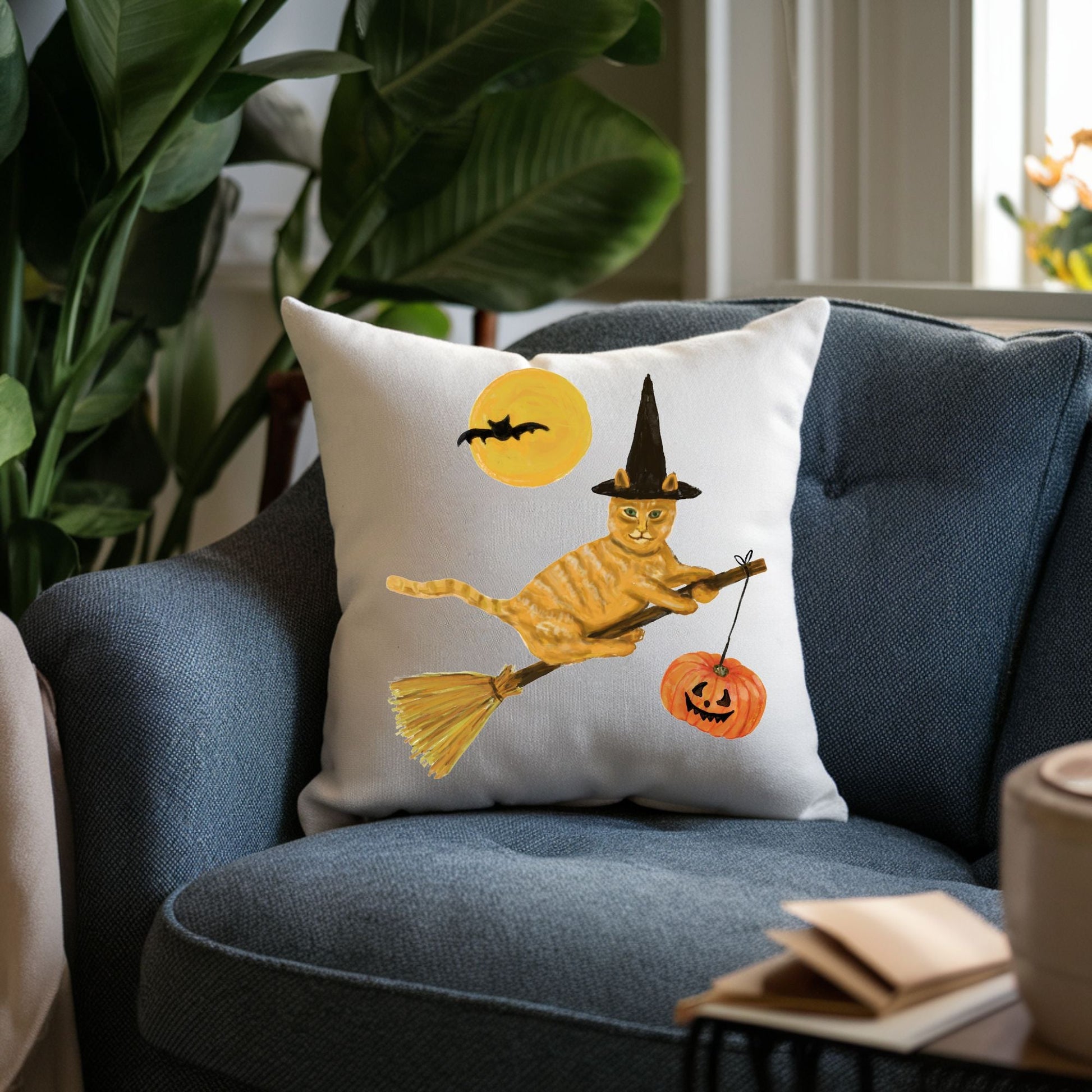 Halloween Orange Tabby Witch Cat Pillow - MerikaArt
