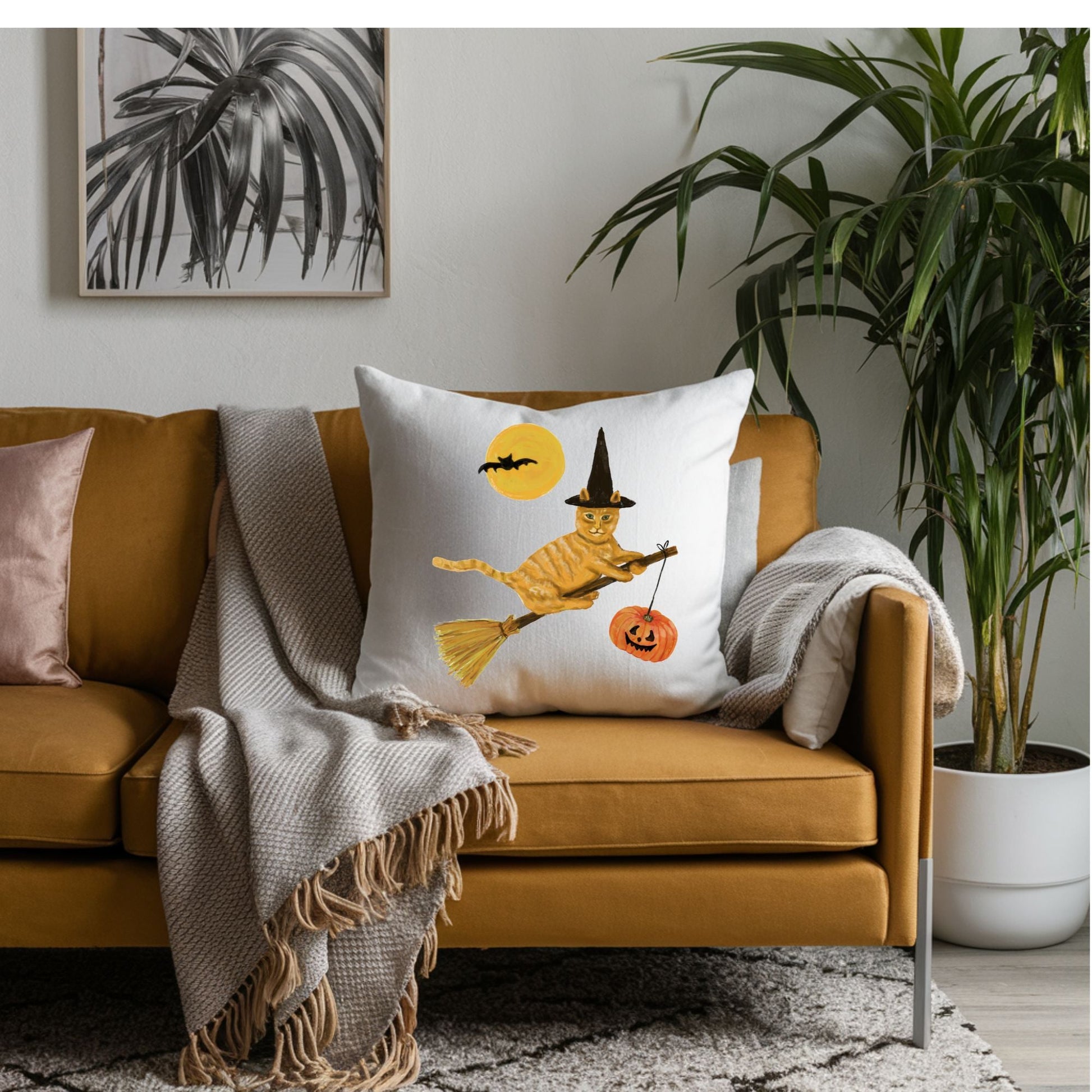 Halloween Orange Tabby Witch Cat Pillow - MerikaArt