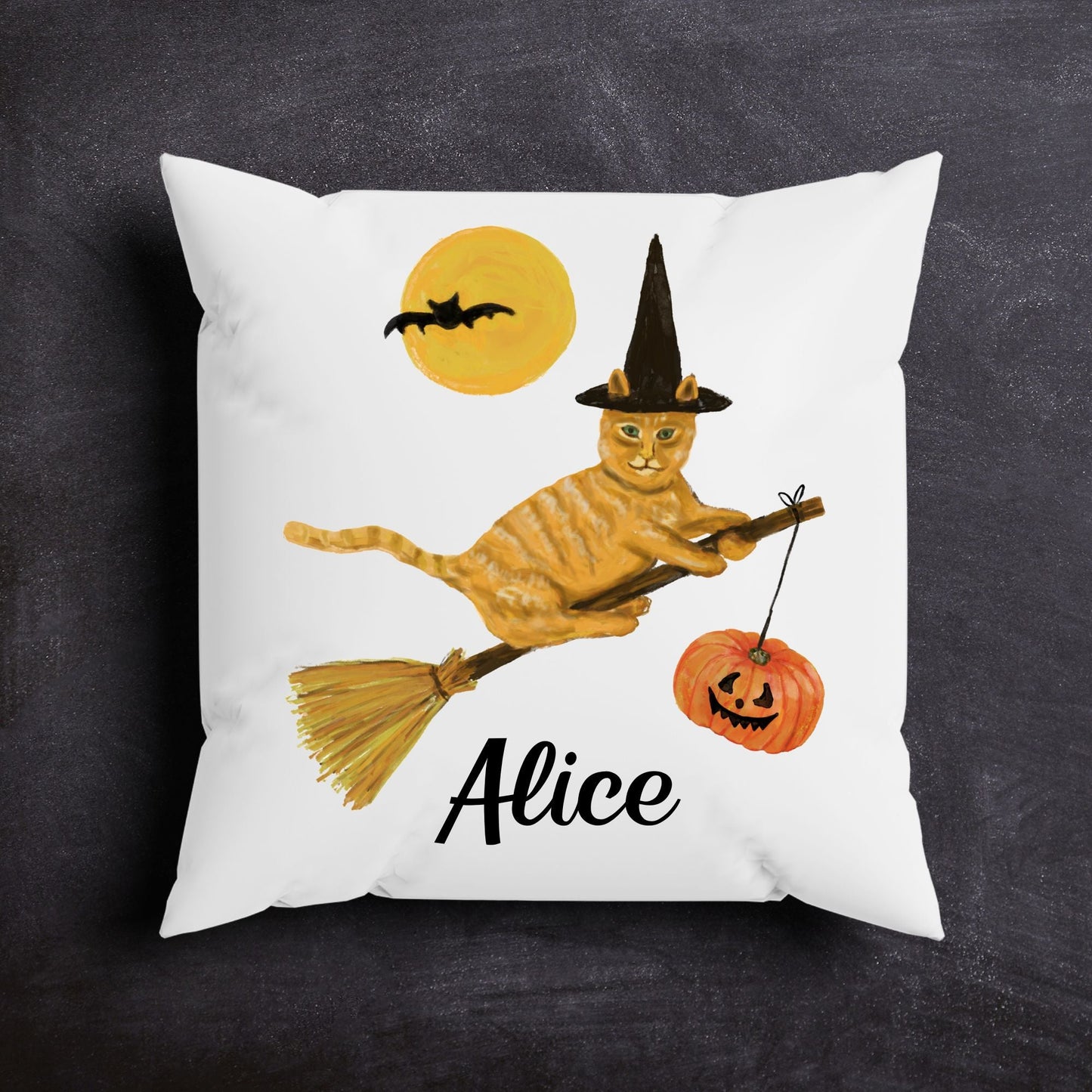 Halloween Orange Tabby Witch Cat Pillow - MerikaArt