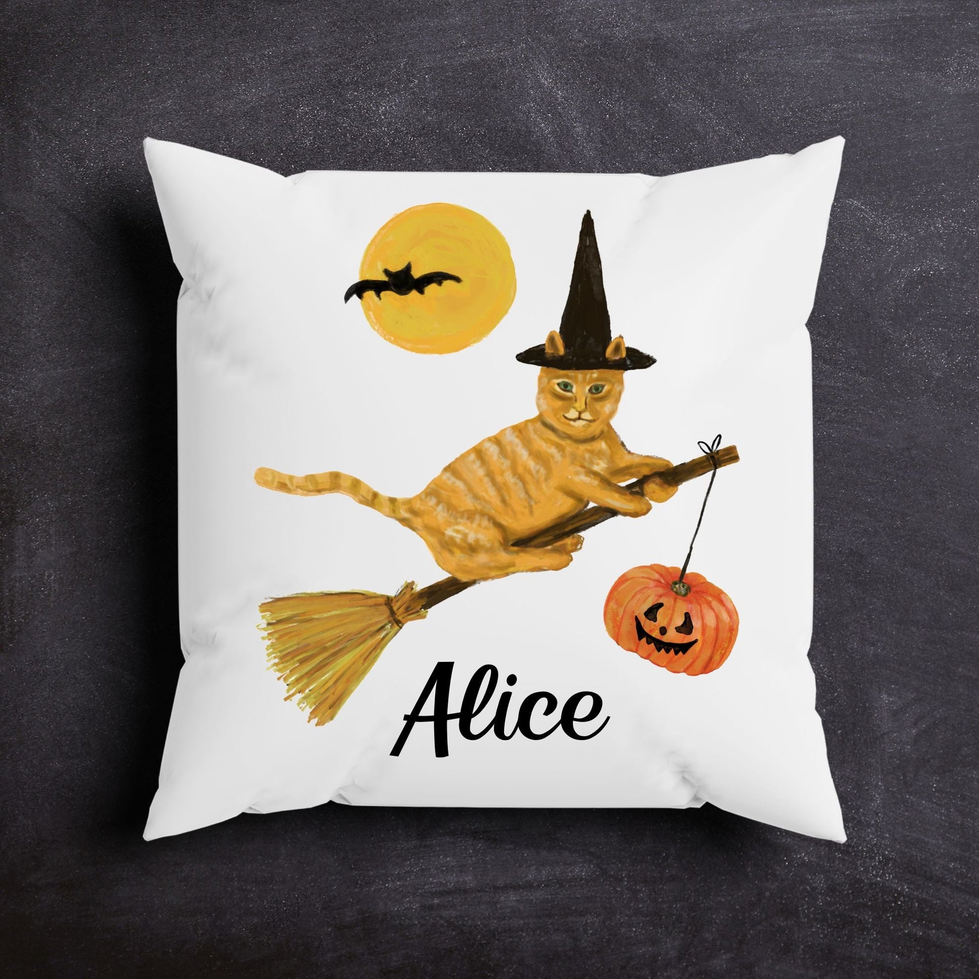 Halloween Orange Tabby Witch Cat Pillow - MerikaArt
