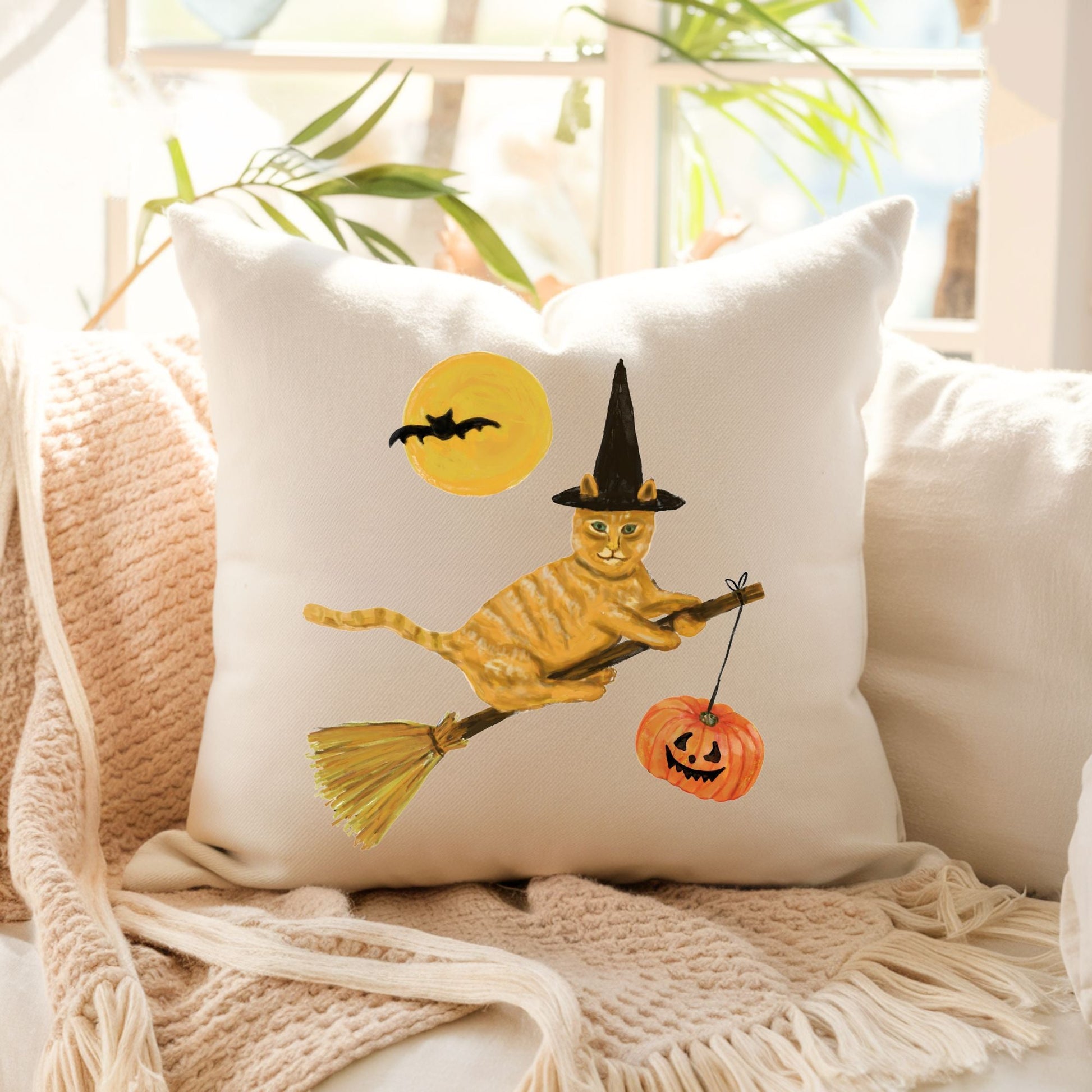 Halloween Orange Tabby Witch Cat Pillow - MerikaArt