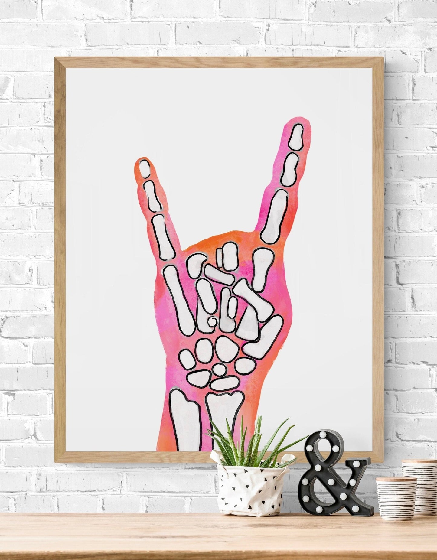 Halloween Peace Sign Painting, Pink an Orange Peace Sign Artwork, Holiday Wall Art, Skeleton Hand Peace Sign, Fall Painting - MerikaArt