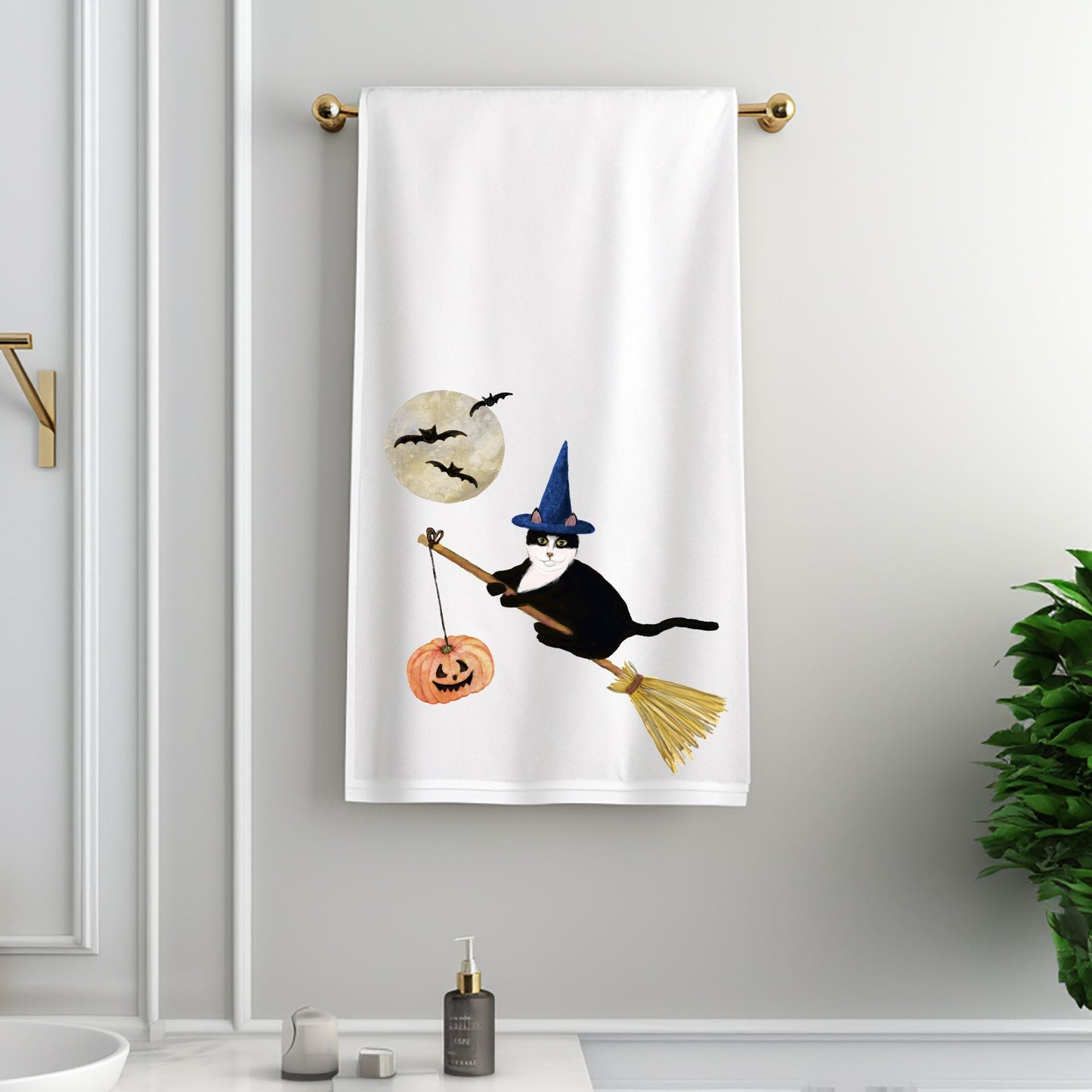 Halloween Tuxedo Witch Cat Bathroom Towel - MerikaArt