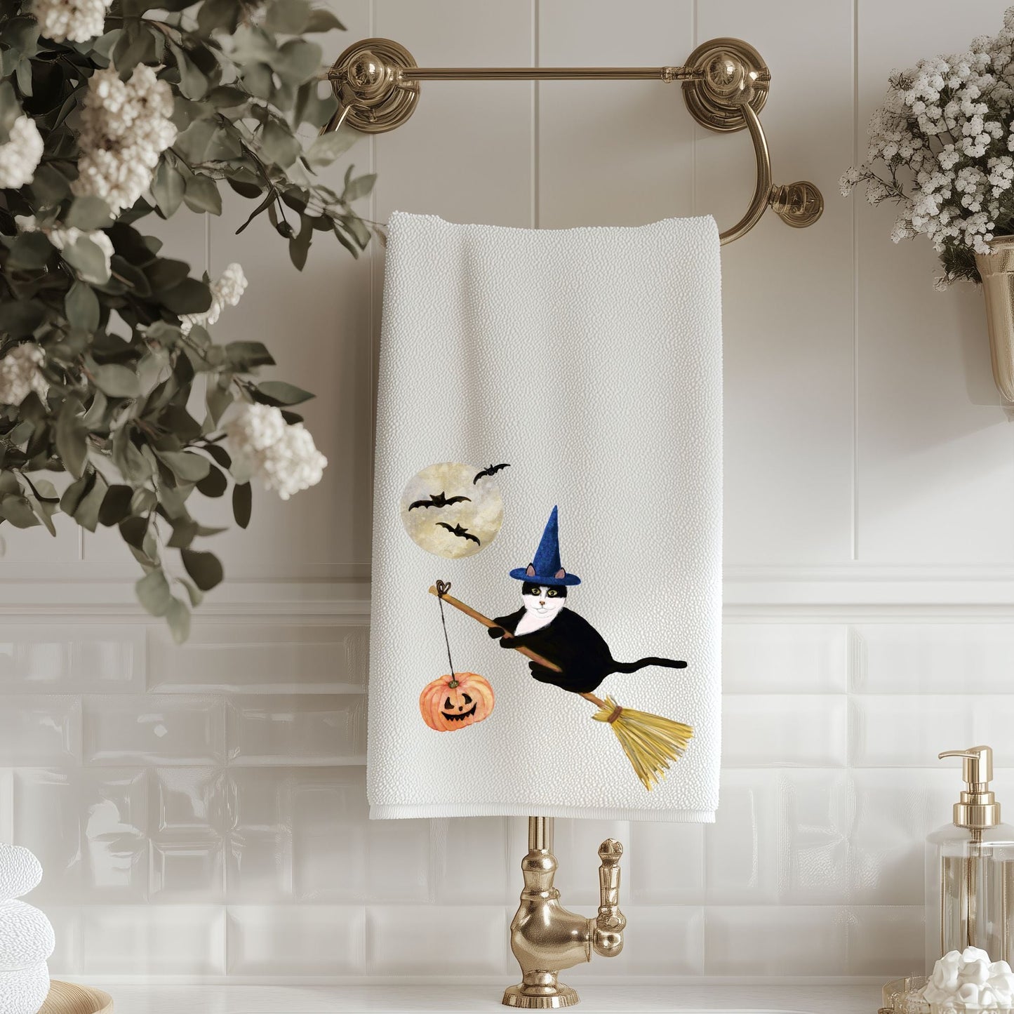 Halloween Tuxedo Witch Cat Bathroom Towel - MerikaArt