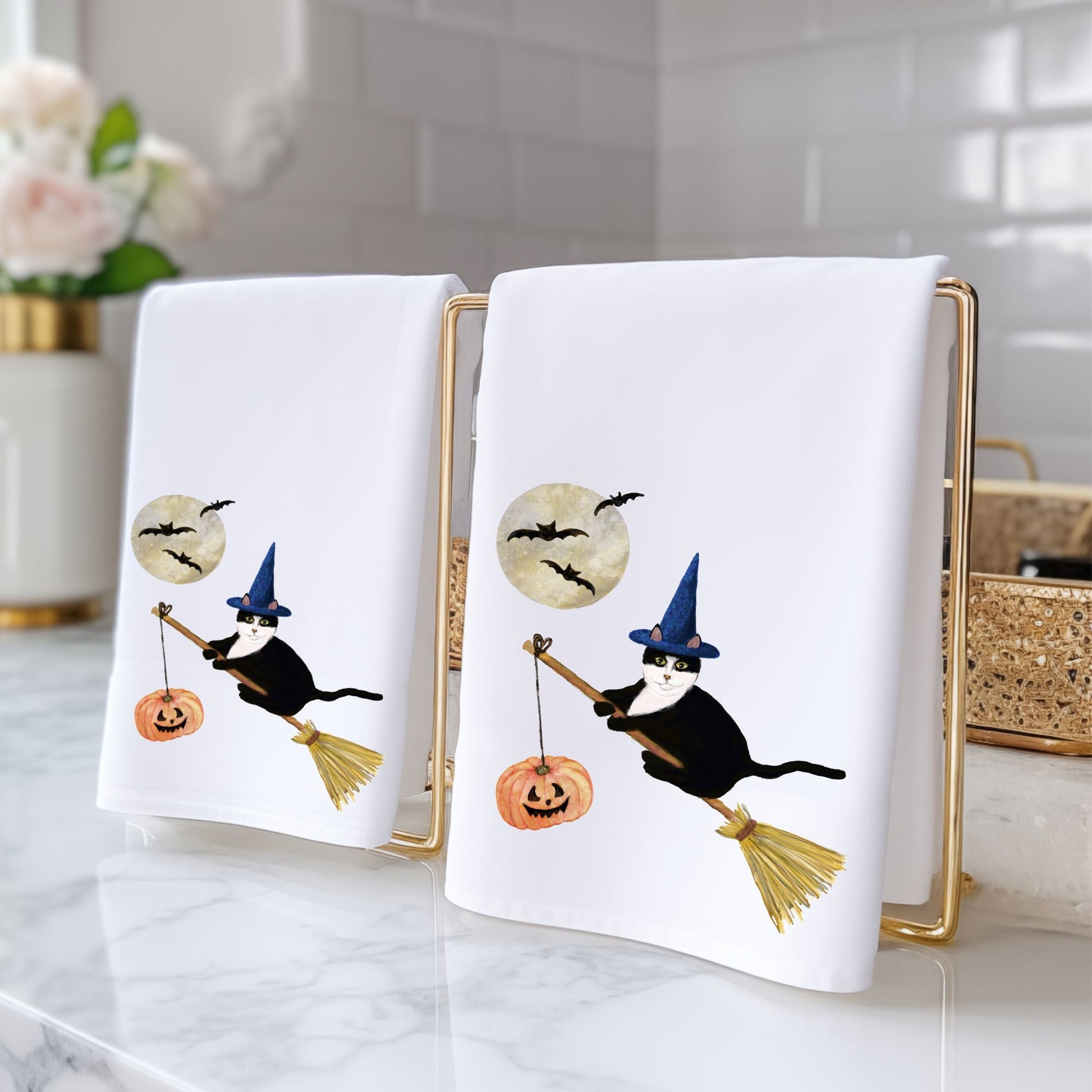 Halloween Tuxedo Witch Cat Bathroom Towel - MerikaArt