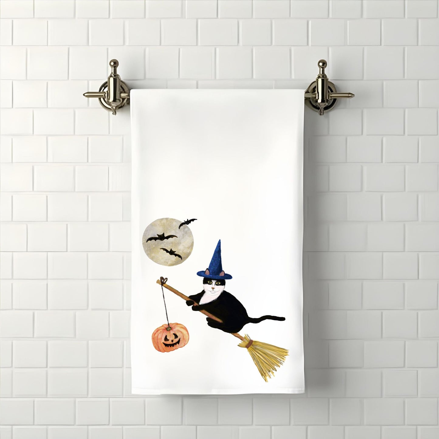 Halloween Tuxedo Witch Cat Bathroom Towel - MerikaArt