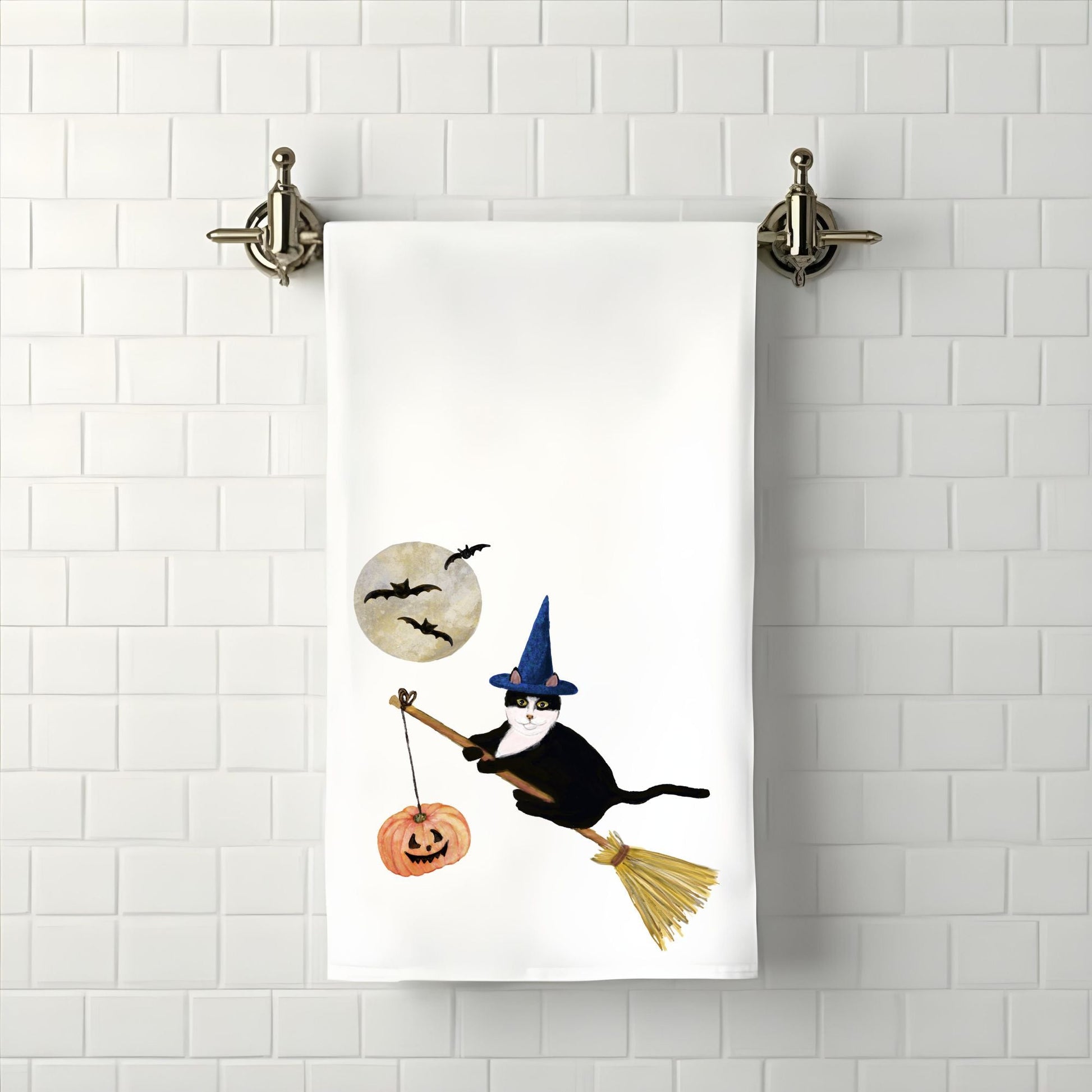 Halloween Tuxedo Witch Cat Bathroom Towel - MerikaArt