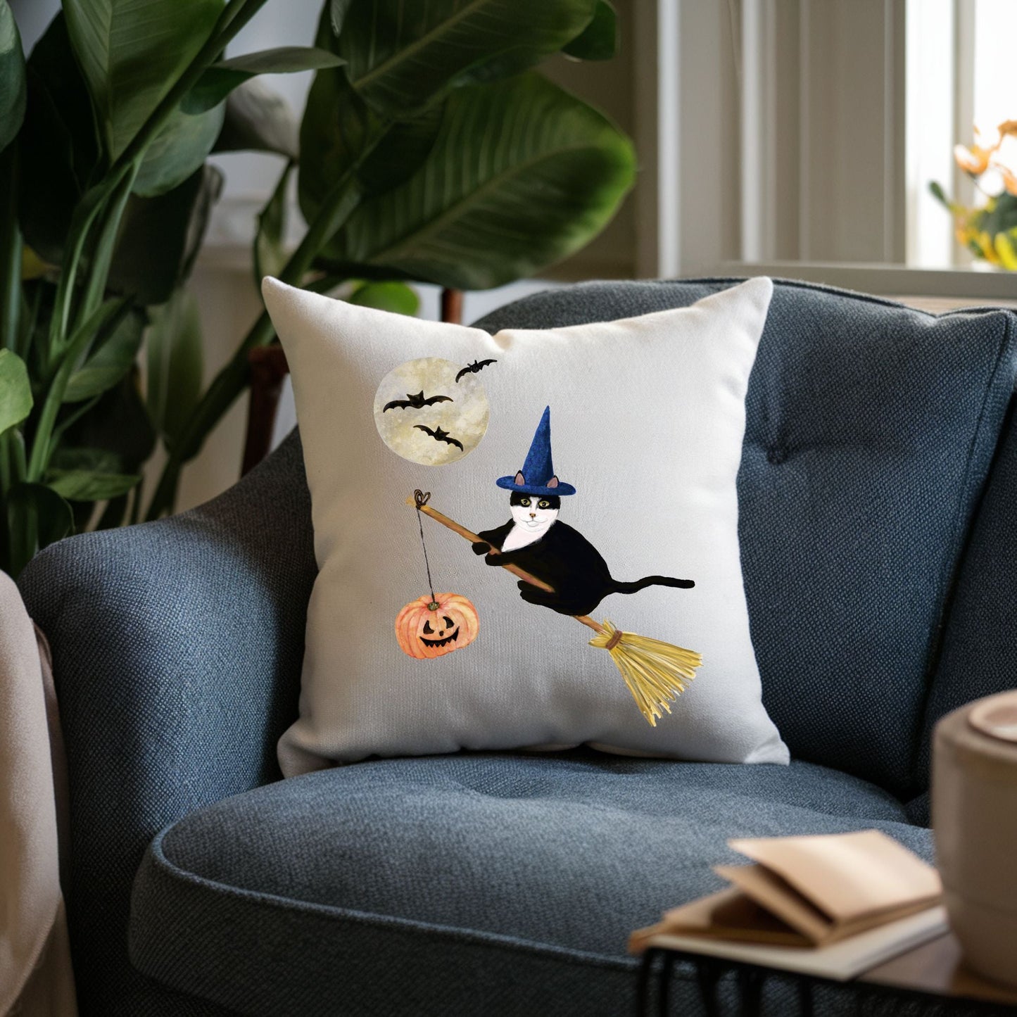 Halloween Tuxedo Witch Cat Pillow - MerikaArt