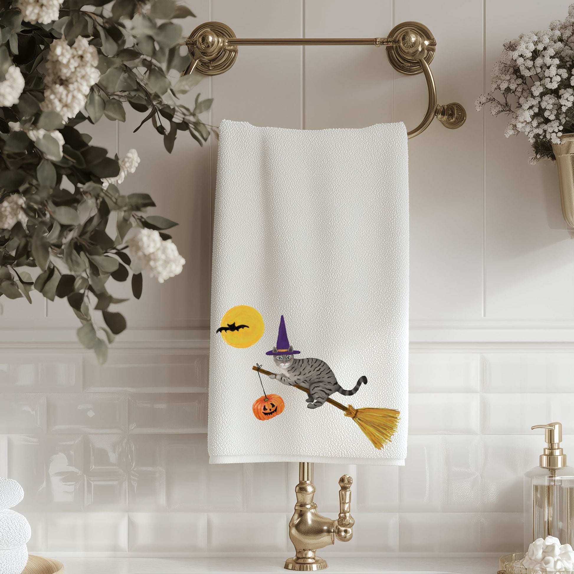 Halloween Witch Cat Bathroom Towel - MerikaArt