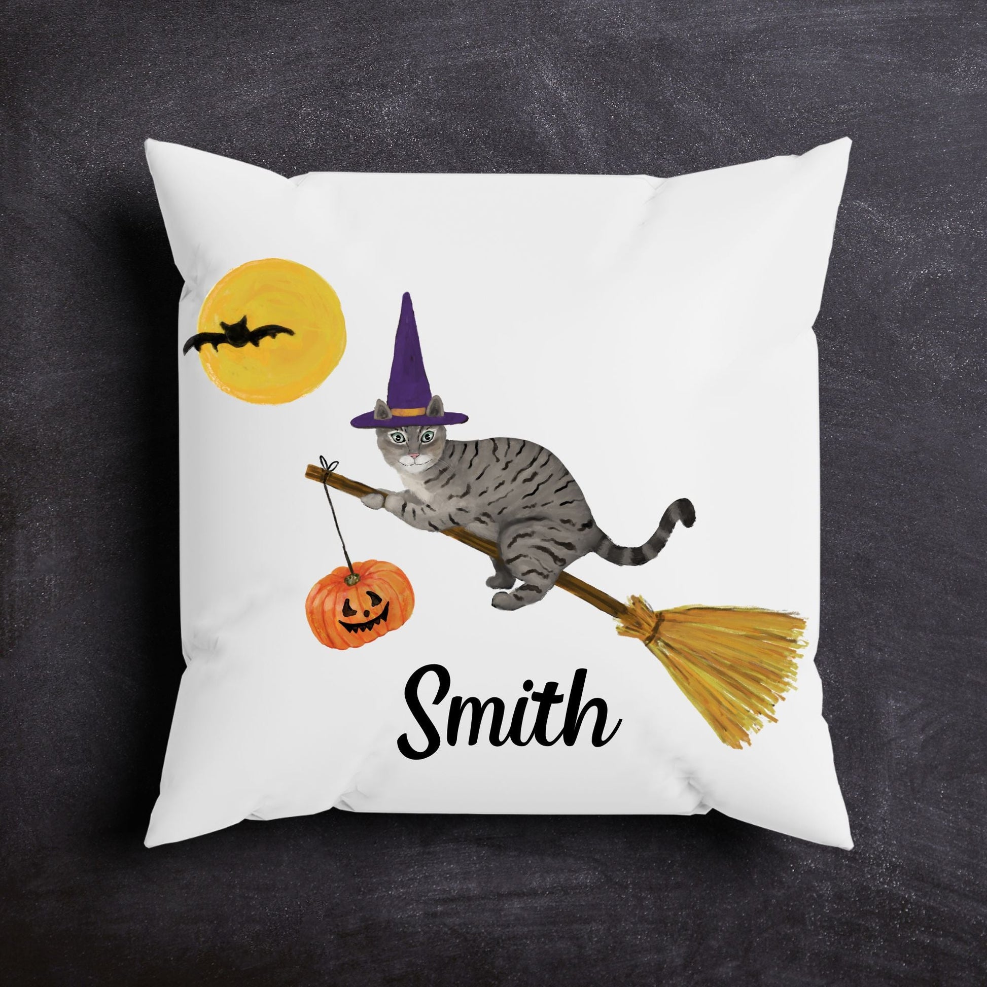 Halloween Witch Gray Tabby Cat Pillow - MerikaArt