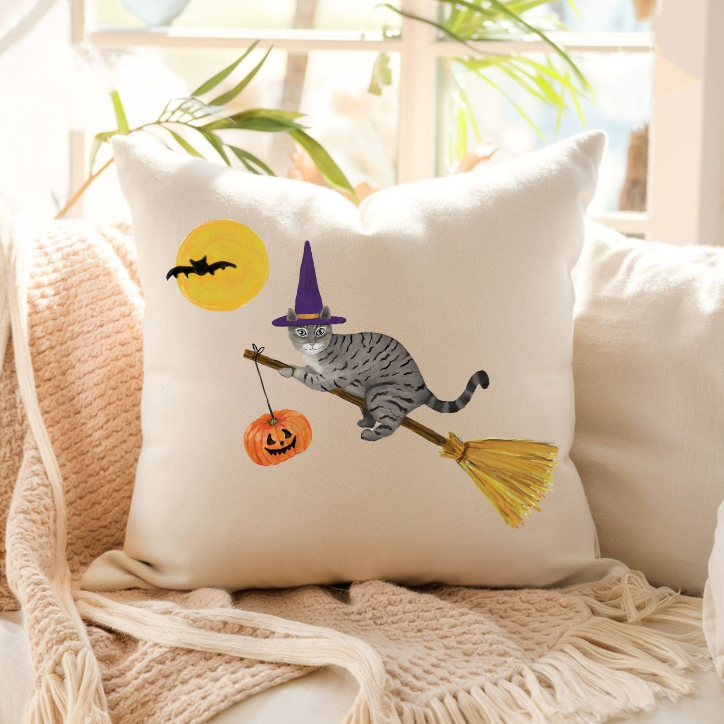Halloween Witch Gray Tabby Cat Pillow - MerikaArt