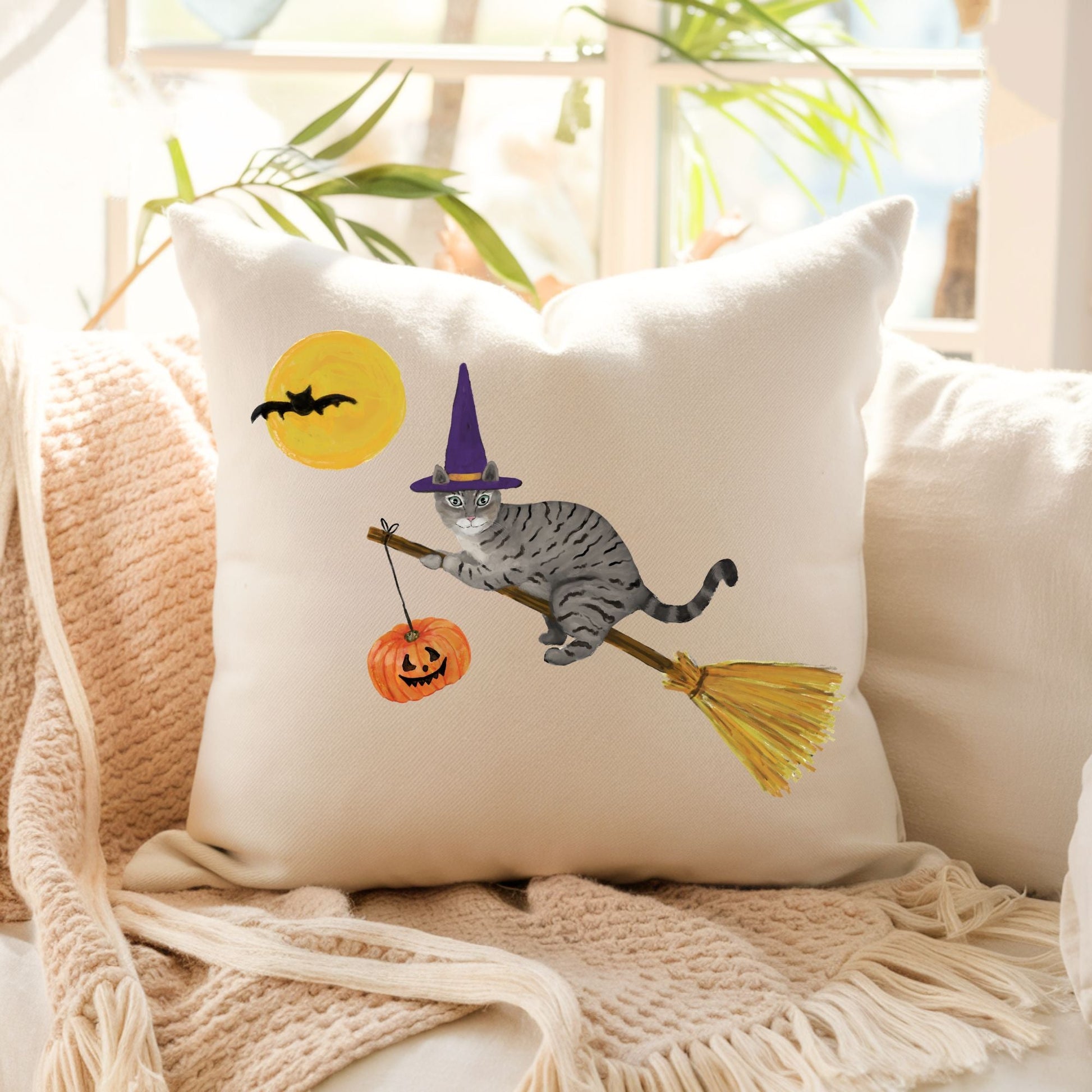 Halloween Witch Gray Tabby Cat Pillow - MerikaArt