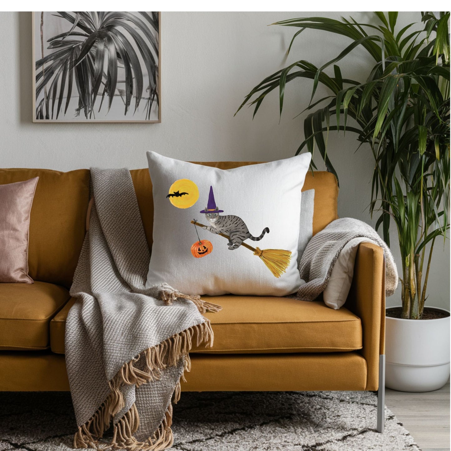 Halloween Witch Gray Tabby Cat Pillow - MerikaArt