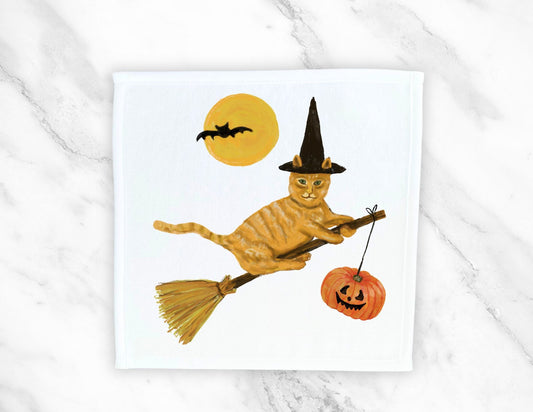 Halloween Witch Orange Cat Washcloth - MerikaArt