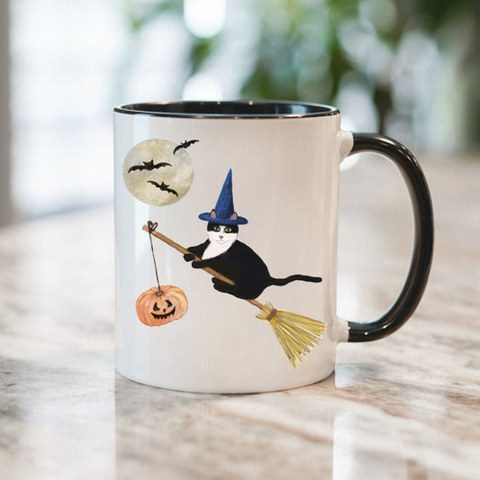 Halloween Witch Tuxedo Cat Mug - MerikaArt