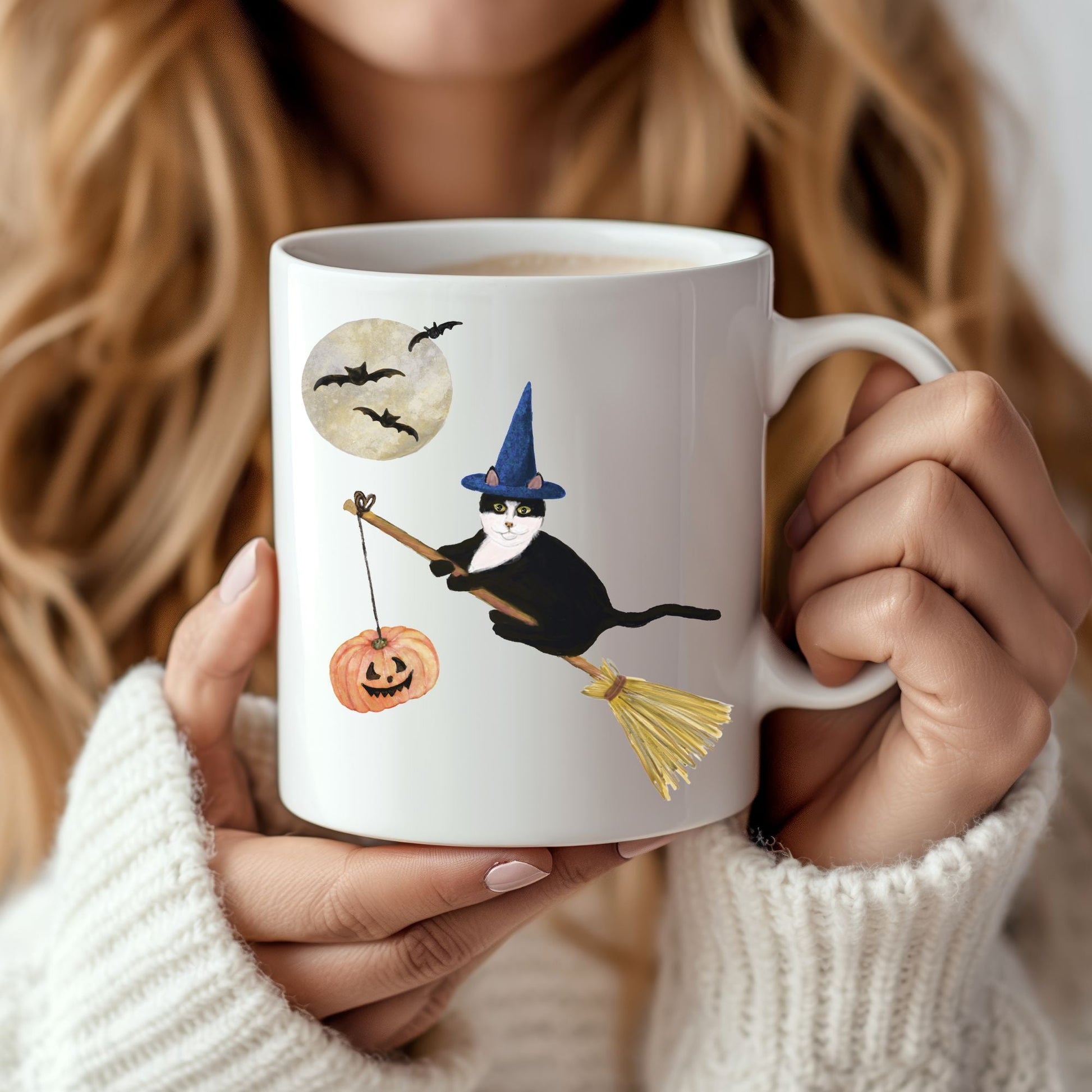 Halloween Witch Tuxedo Cat Mug - MerikaArt