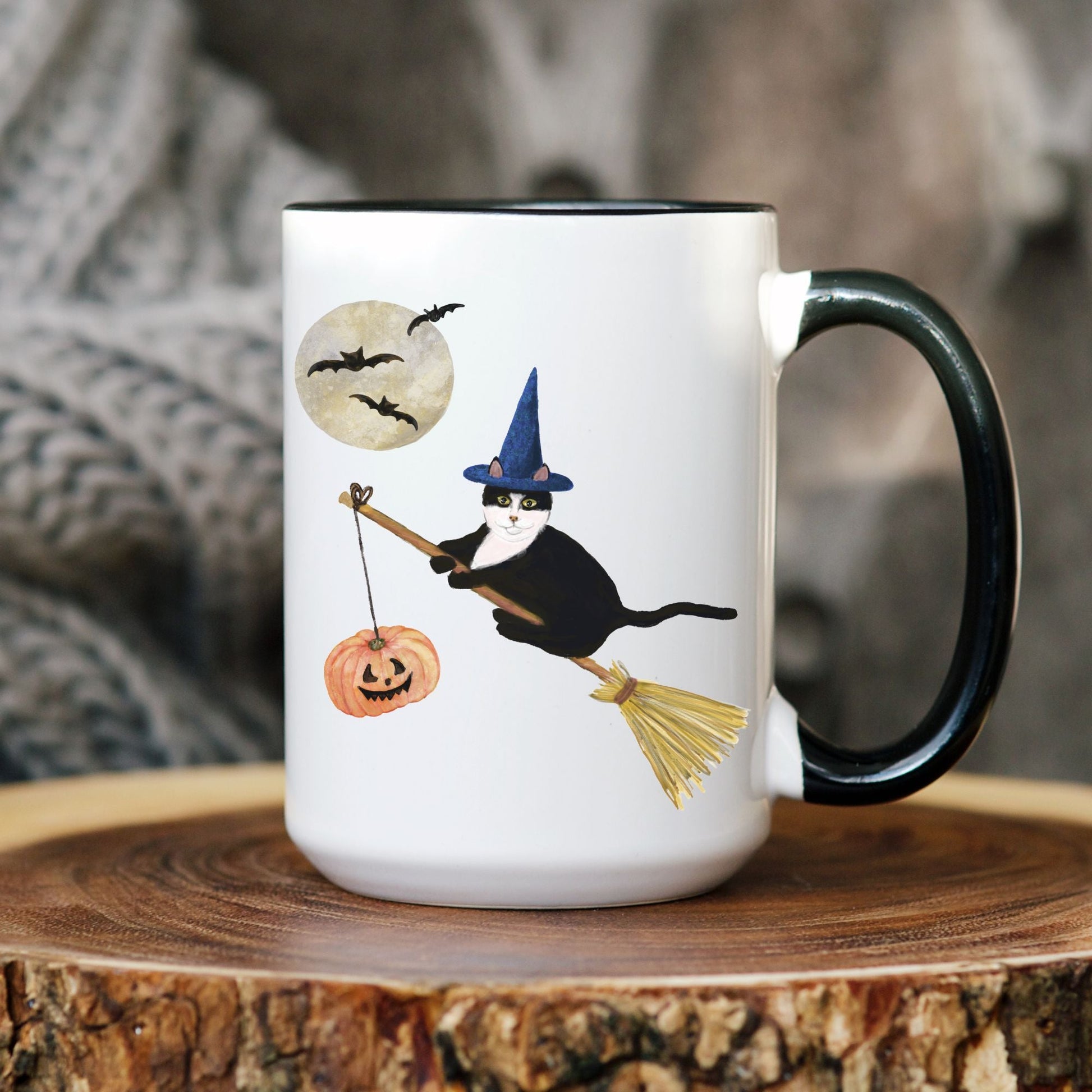 Halloween Witch Tuxedo Cat Mug - MerikaArt