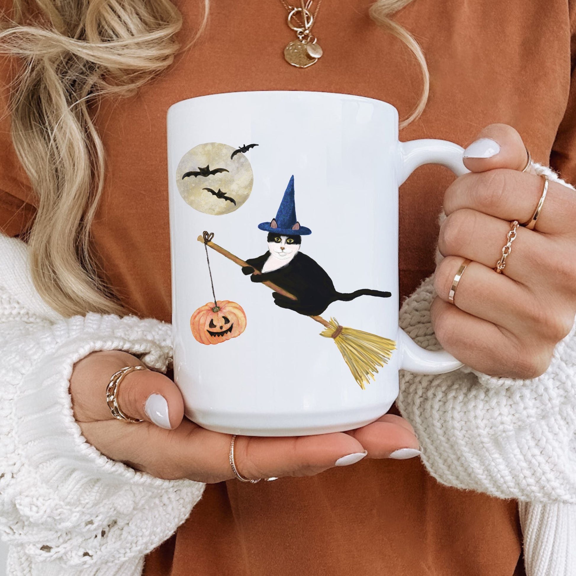 Halloween Witch Tuxedo Cat Mug - MerikaArt