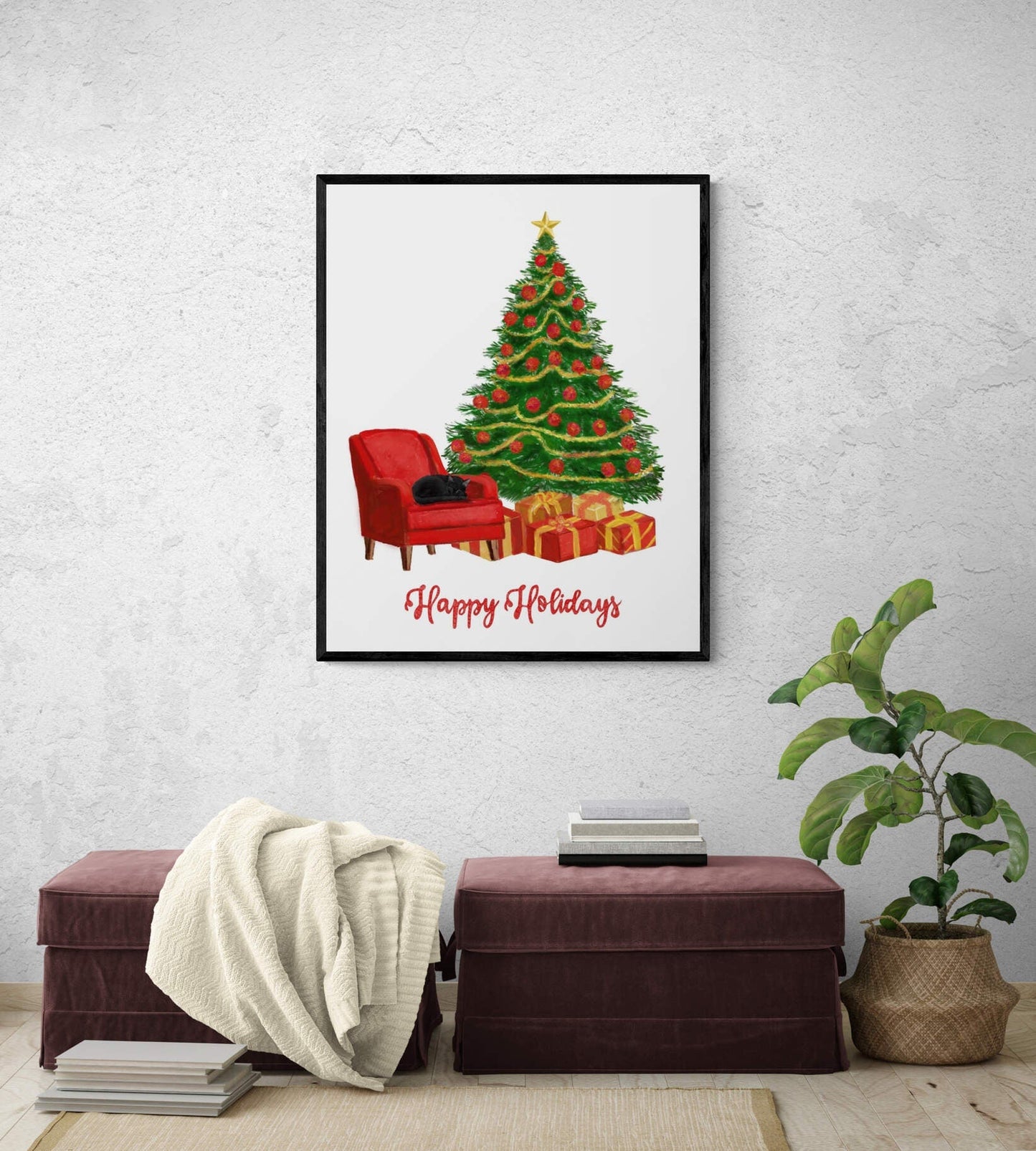 Happy Holidays Christmas Tree Art Print, Winter Art, Merry Christmas Sign, New Years Home Decor, Home Wall Decor, Xmas Holiday Decoration - MerikaArt