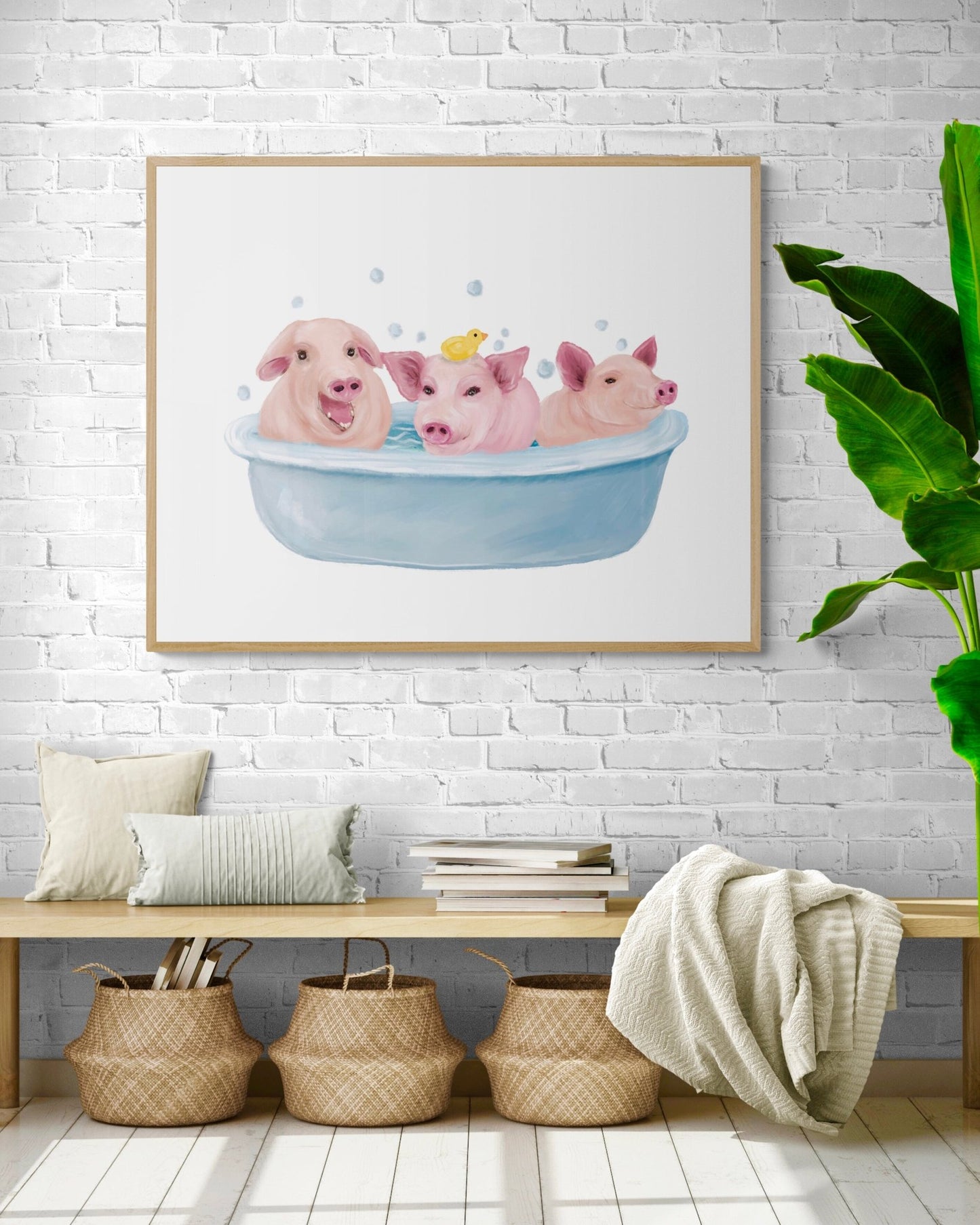 Happy Pigs Taking a Bath Wall Art - MerikaArt
