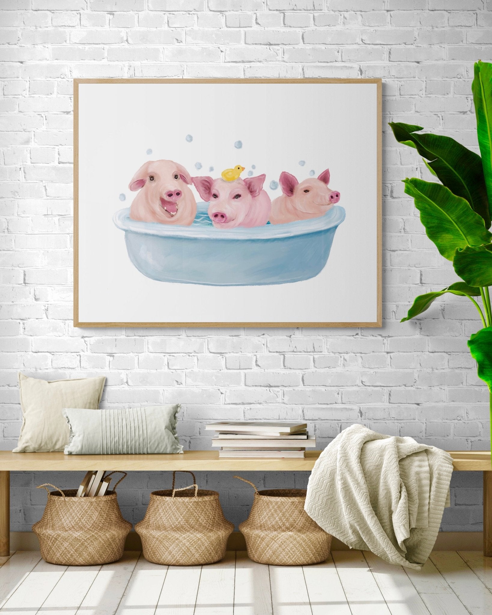 Happy Pigs Taking a Bath Wall Art - MerikaArt