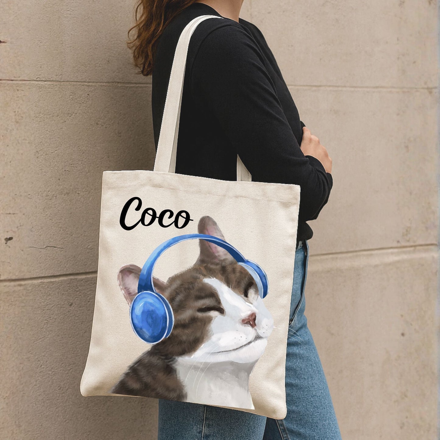 Headphones Cat Canvas Tote Bag - MerikaArt