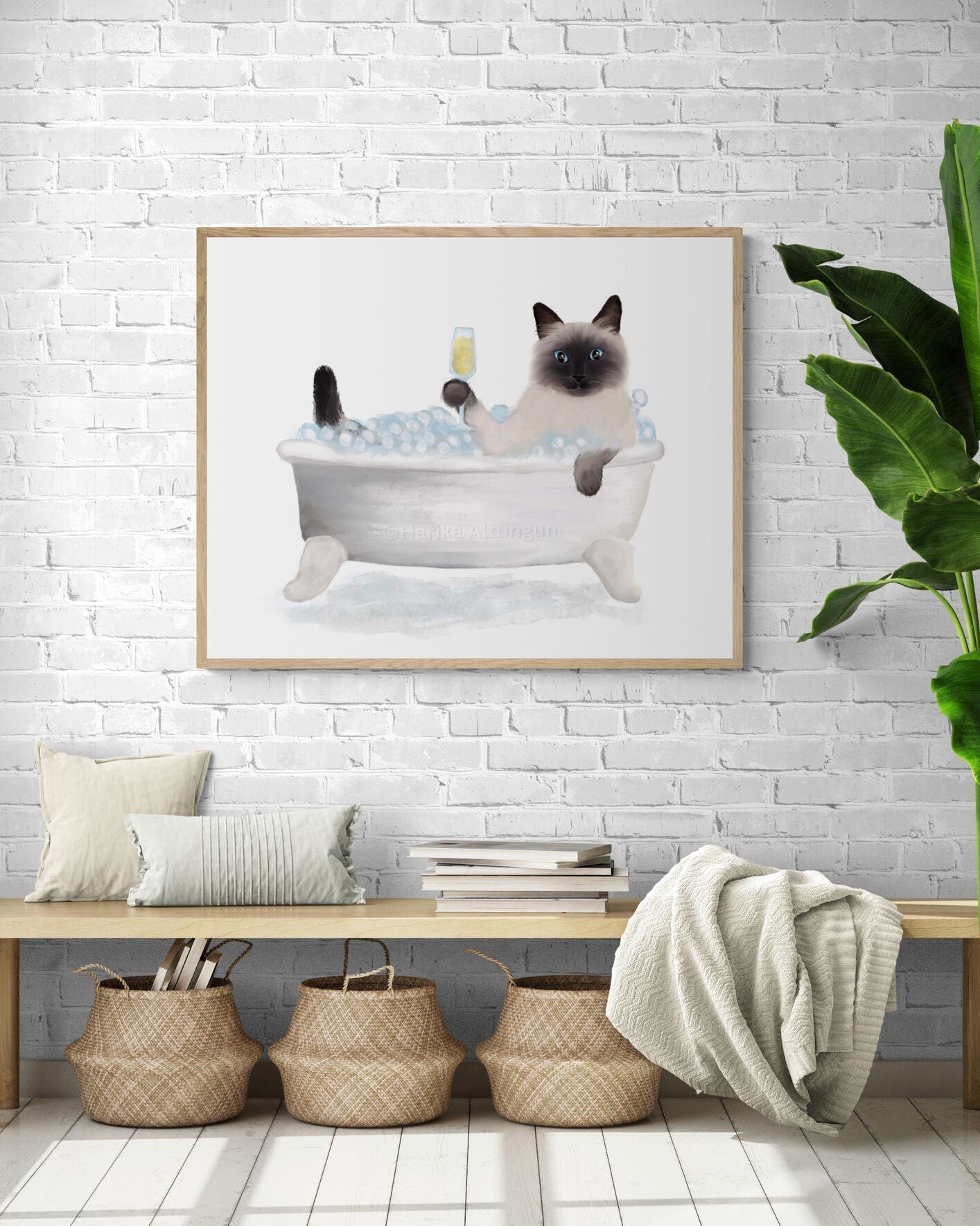 Himalayan Cat Bathing Print, Himalayan Cat In Bathtub, Pet Memorial, Bathroom Cat Painting, Cat Relaxing In Bath Print, Cat Lover Gift - MerikaArt