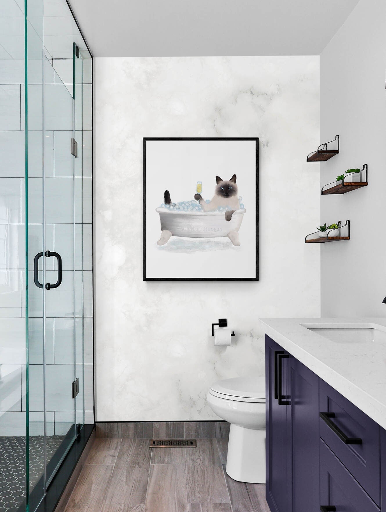 Himalayan Cat Bathing Print, Himalayan Cat In Bathtub, Pet Memorial, Bathroom Cat Painting, Cat Relaxing In Bath Print, Cat Lover Gift - MerikaArt