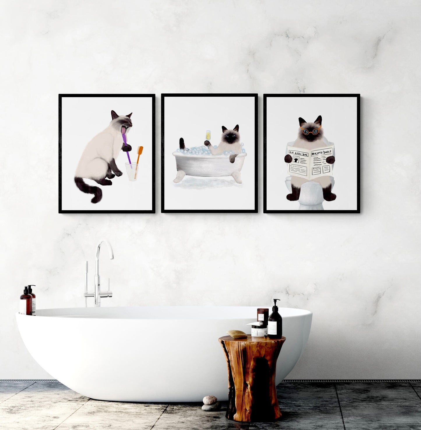 Himalayan Cat Bathroom Art Set of 3, Bathroom Wall Decor, Cute Himalayan Cat In Bath Art, Cat On Toilet Print, Cat Lover Gift, Cat Spa Day - MerikaArt