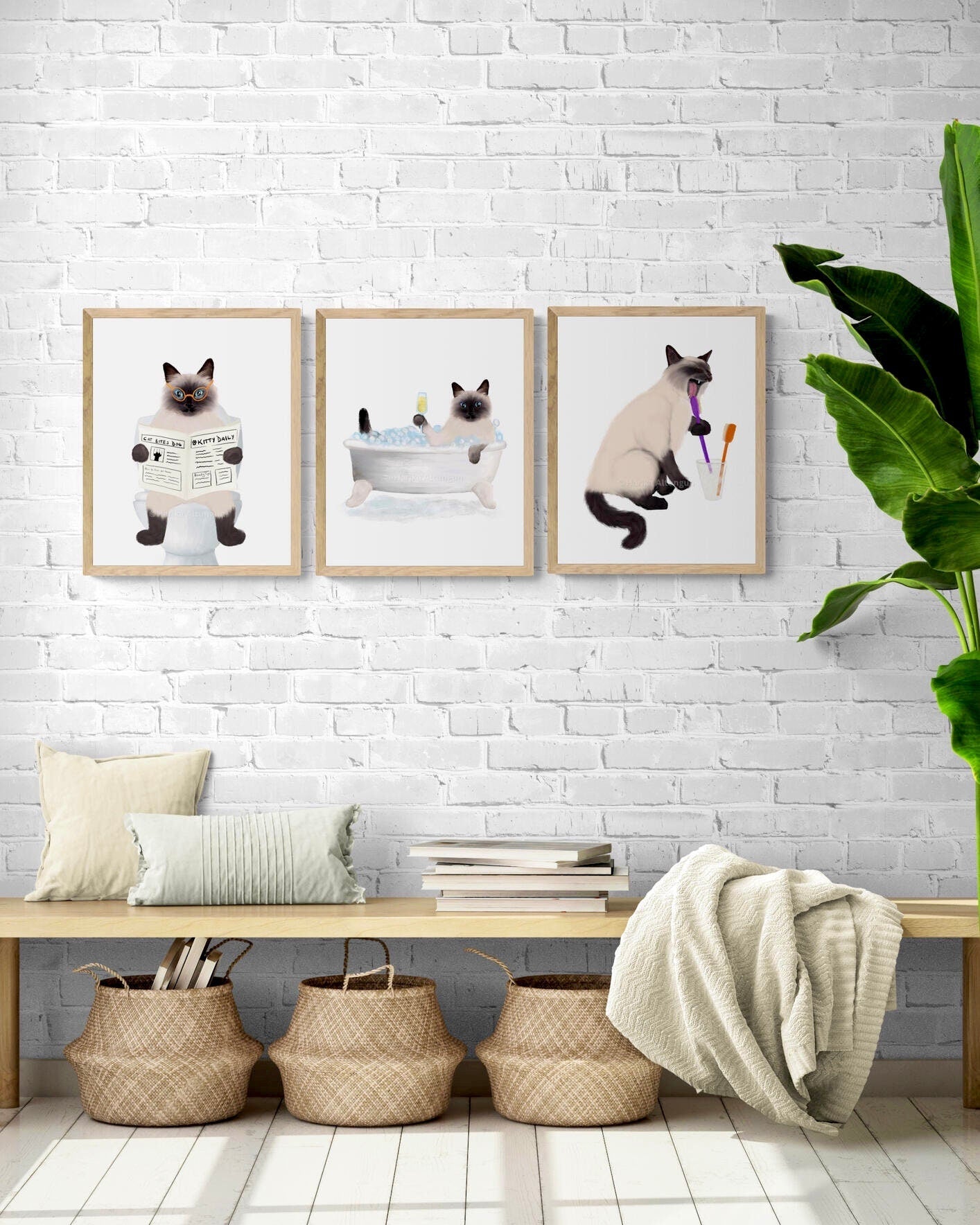 Himalayan Cat Bathroom Art Set of 3, Bathroom Wall Decor, Cute Himalayan Cat In Bath Art, Cat On Toilet Print, Cat Lover Gift, Cat Spa Day - MerikaArt